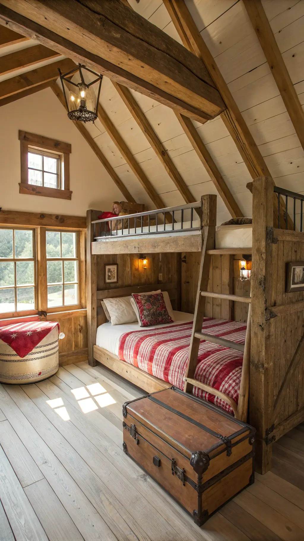Cozy attic room with rustic pine bunk bed, exposed wooden beams, dormer windows, and warm afternoon light on wide-plank floors.