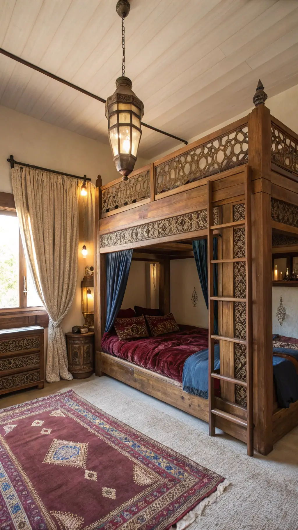 Bohemian-style bunk room with L-shaped carved wooden bunks, velvet and Moroccan textiles, Persian rugs, and brass pendant lighting in a softly lit 16x16ft space with 12ft ceilings.