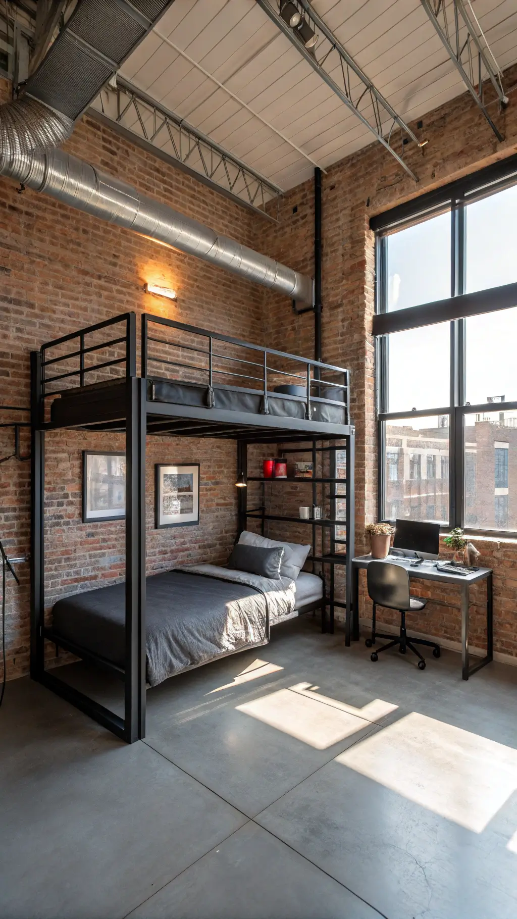 Urban industrial loft with black metal bunk bed, exposed brick wall, steel-framed windows, and concrete floors reflecting early morning light.