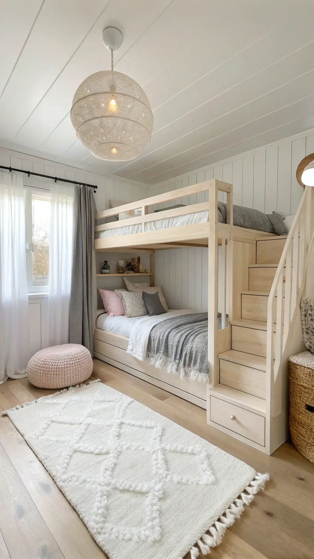 Scandinavian-style bedroom with pale ash bunk bed, blonde wood floors, sheer linen curtains, and soft-toned bedding in white and blush.
