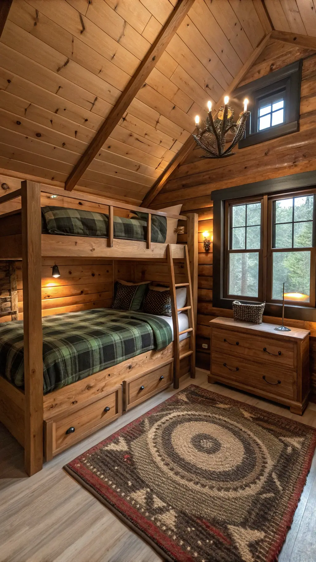 Cozy mountain lodge bedroom with timber bunk bed, buffalo plaid bedding, antler sconces, and warm dusk lighting.