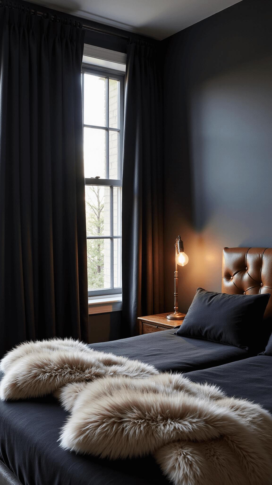 Moody 12x14ft bedroom with leather tufted headboard, matte black bedding, faux fur throws, and sheer black curtains filtering morning light.