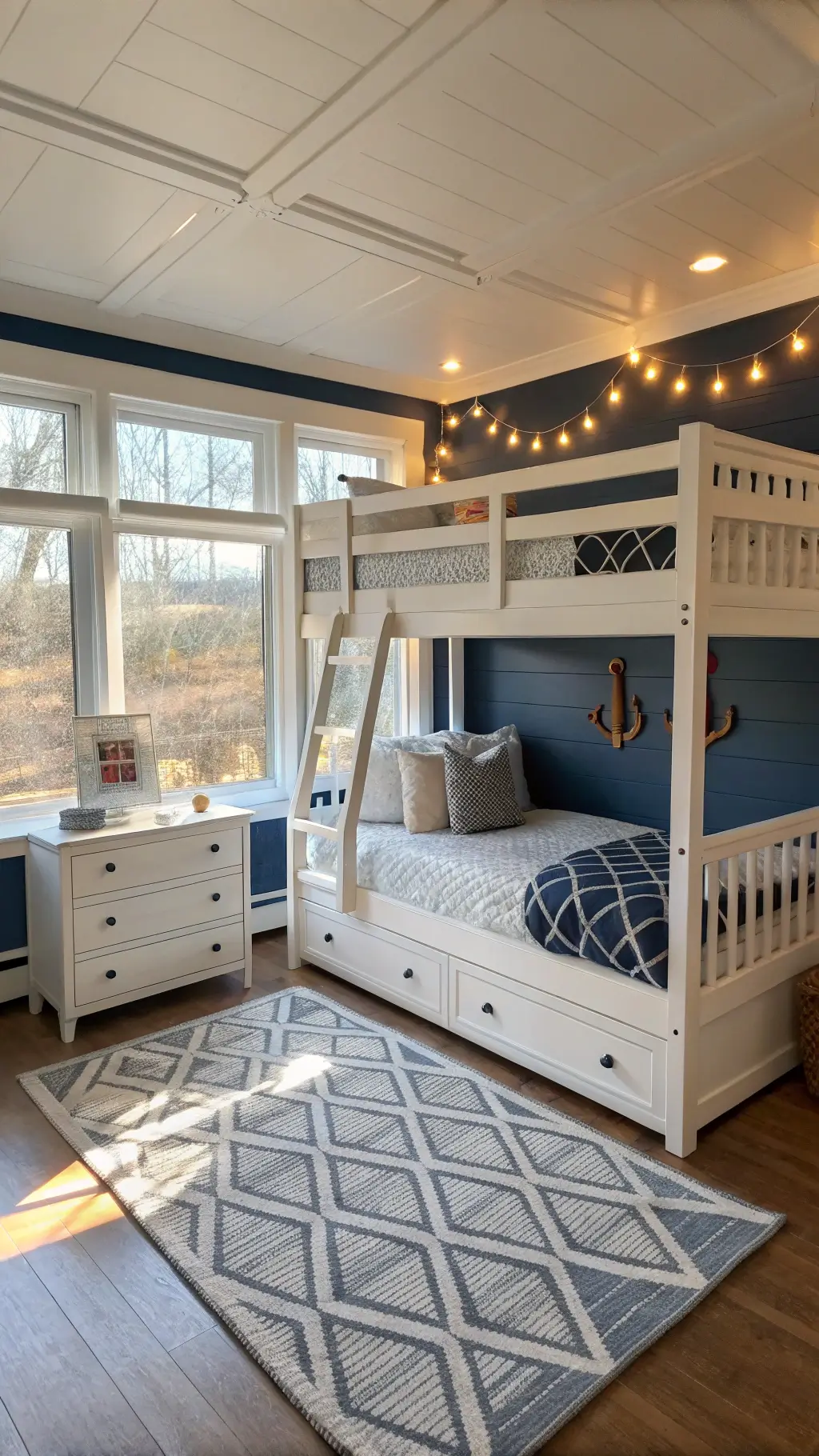 Cozy kids' bedroom with white twin bunk bed against navy wall, geometric rug, nautical decor, and warm sunlight through large windows.