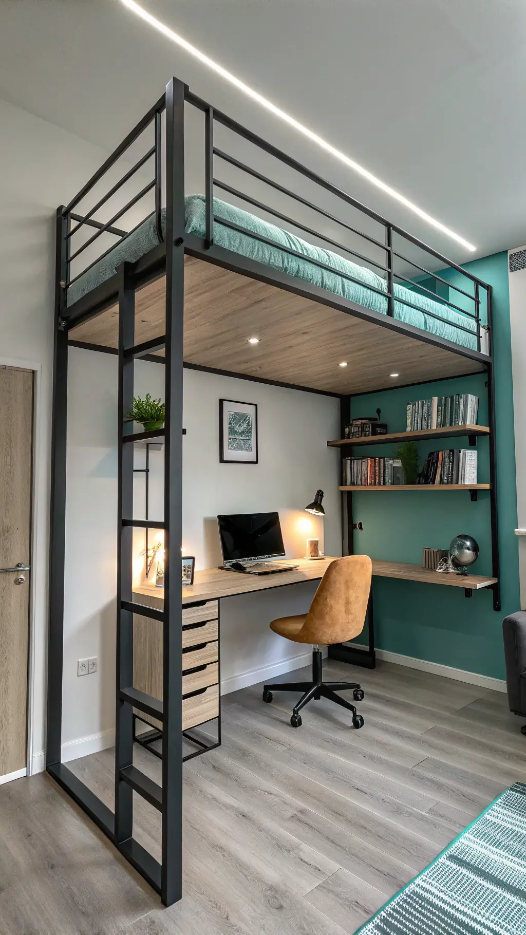 Modern industrial-style loft bedroom with matte black metal frame bed suspended 6ft high, minimalist oak desk and shelves below, LED ambient lighting, gray and white color scheme with teal accents, shot from low angle to emphasize height.