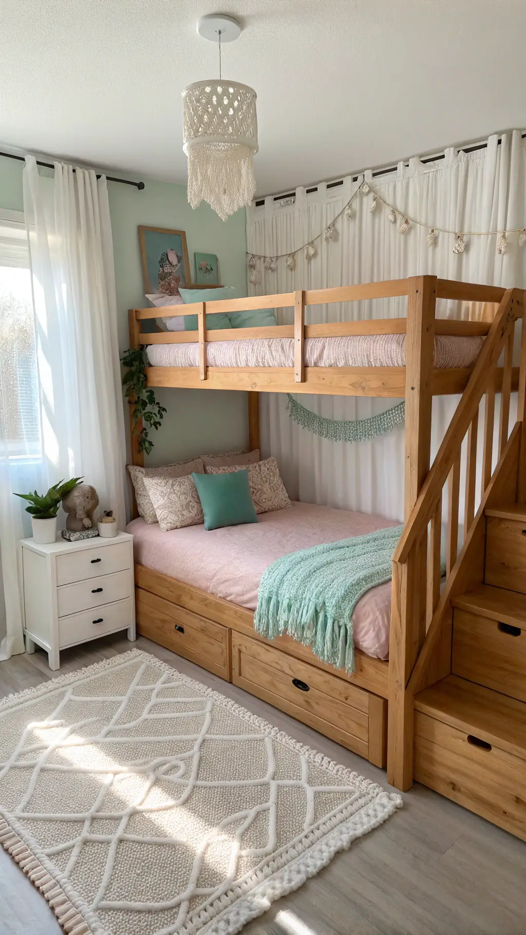 Whimsical twin-over-full bunk bed in cozy 11x13 room with blush pink and mint green bedding, built-in storage stairs, boho decor, and soft morning light through sheer curtains.