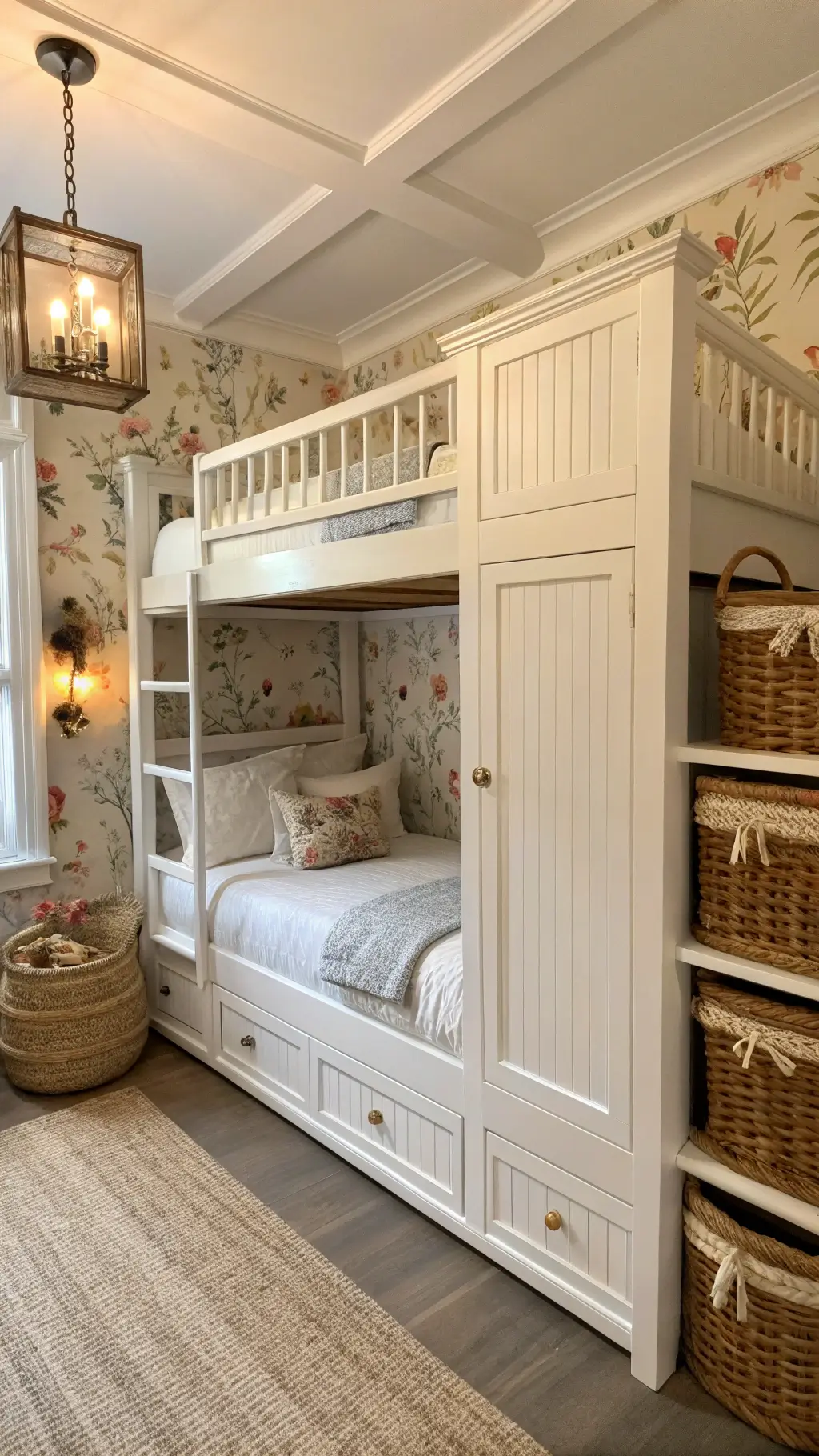 Shared kids' room with white Pottery Barn bunk bed, floral wallpaper, brass sconces, trundle bed, and woven baskets in warm afternoon light.