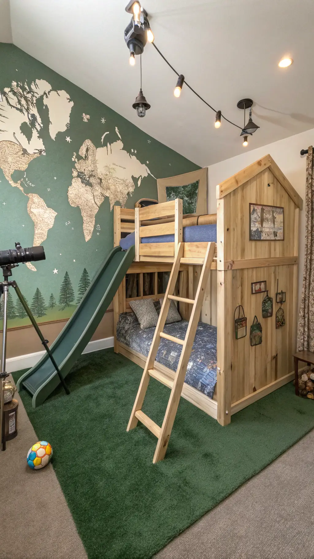 Contemporary 13x15ft kids' bedroom with Max & Lily treehouse bunk bed, slide, climbing wall, tent-style top, world map mural, telescope, forest green carpet, and adventure-themed decor.