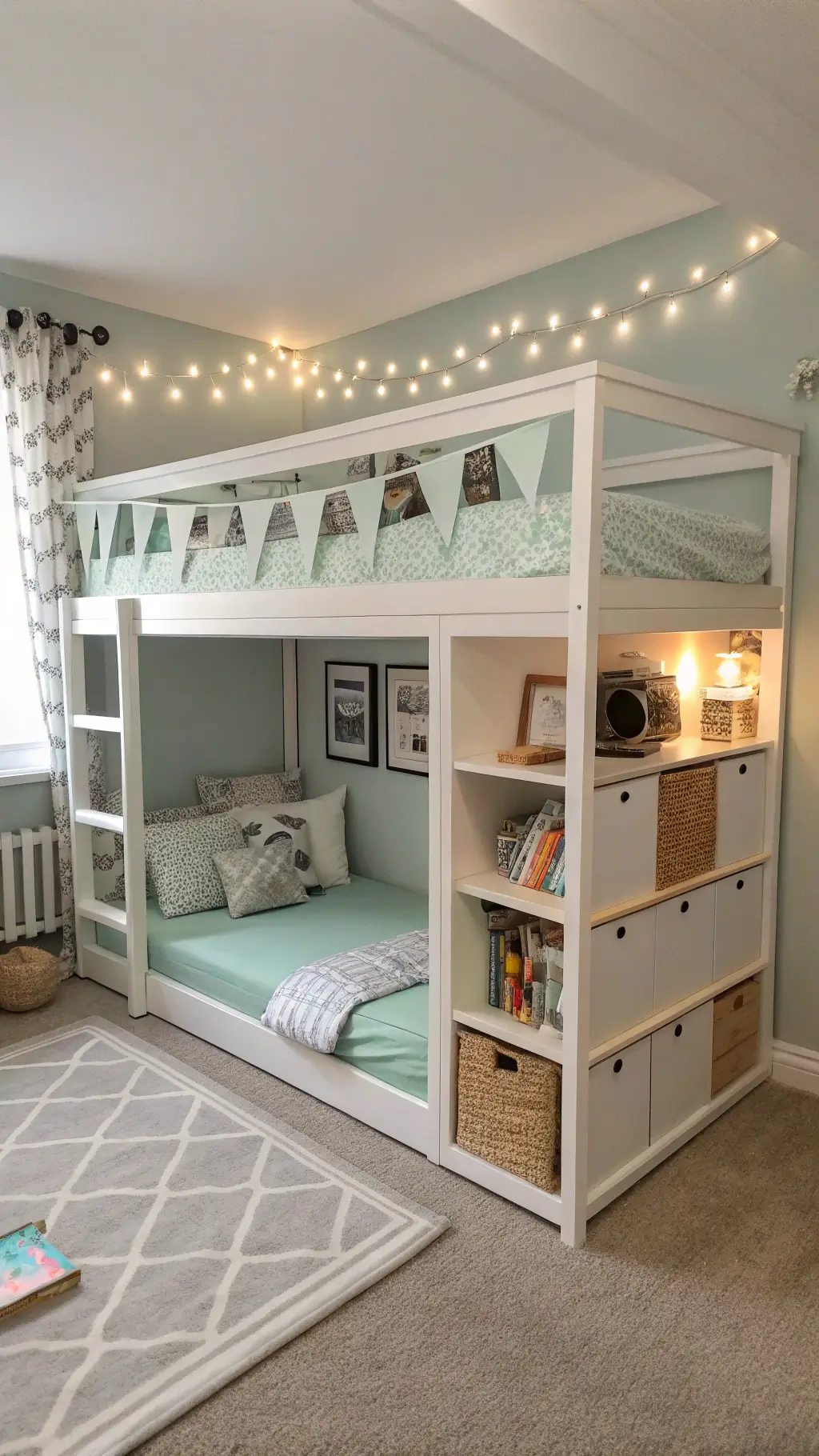 IKEA KURA bed hack in a 10x12ft room with white frame, mint green accents, lower play nook featuring cushions, reading lights, and book storage; Scandinavian decor with monochrome prints and wooden toys; light gray walls and white trim under soft, even lighting.