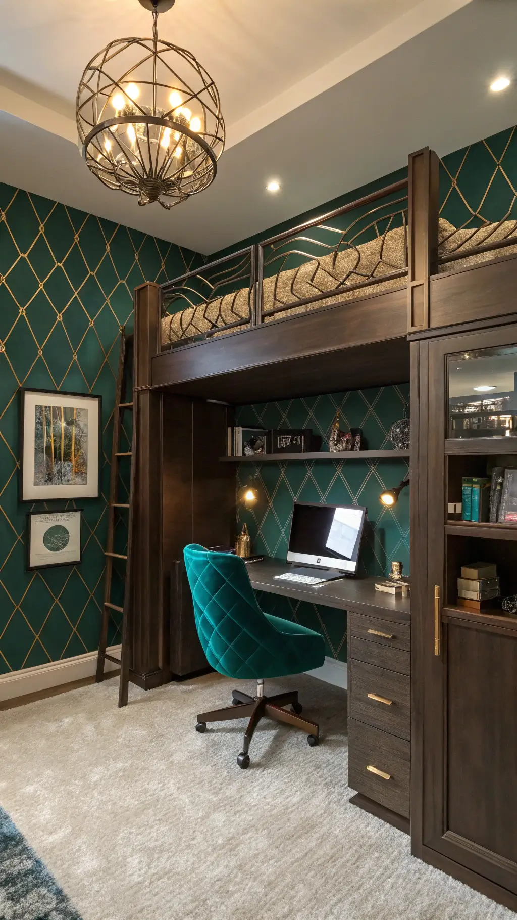 Luxurious teen retreat with loft bed, chic workspace, emerald and gold decor, textured wallpaper, and dramatic lighting.