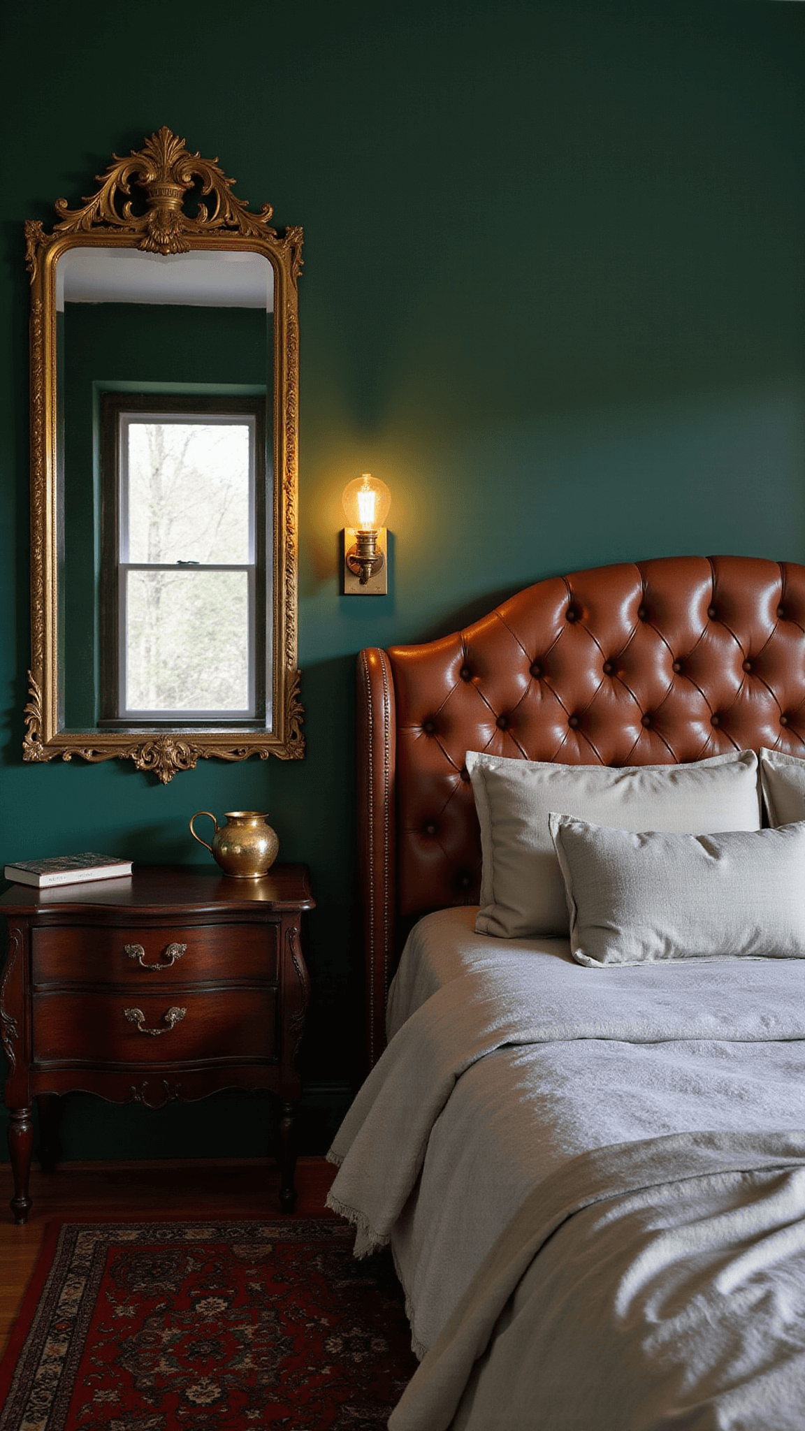 Moody 10x12ft bedroom with deep green walls, cognac tufted leather headboard, vintage Persian rug, antique brass sconces, and layered textiles under dusk lighting.