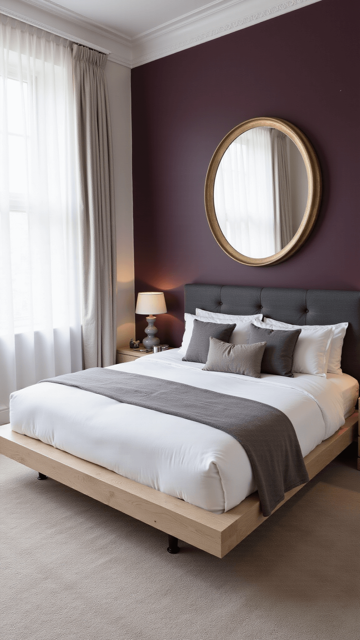 High-angle view of a sophisticated 13x15ft bedroom with deep aubergine walls, sheer white curtains, a bleached oak platform bed with charcoal linen headboard, oversized brushed brass mirror, sculptural ceramic lamps, and warm LED ambient lighting.