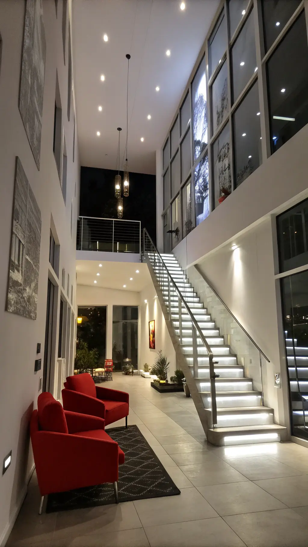 Futuristic double-height living space at midnight with street art projections on white walls, floating LED-lit staircase, chrome and glass accents, red chairs, and dramatic lighting.