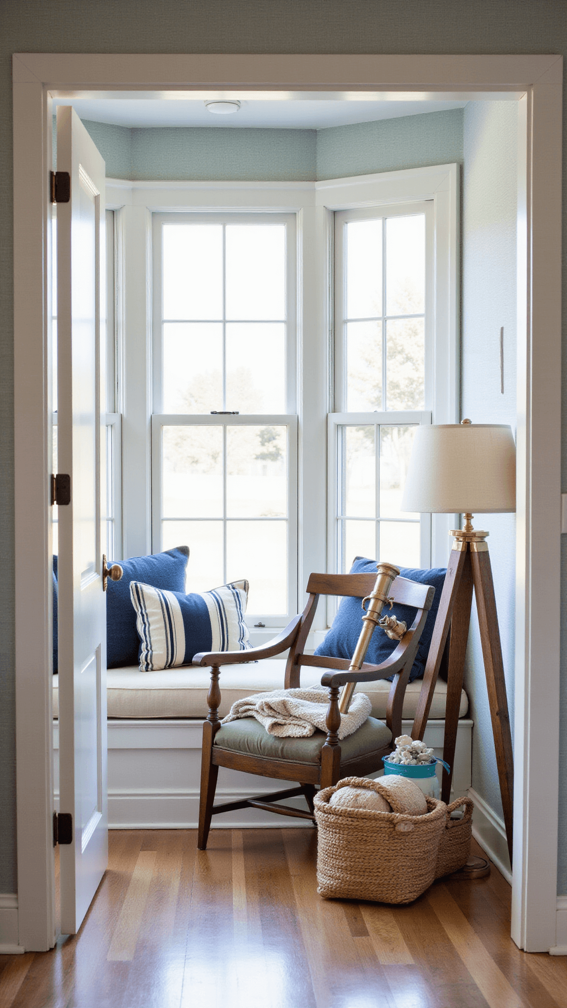 Cozy coastal sitting nook with bay window seat, cream cushions, navy pillows, teak chair, brass telescope, and soft morning light.