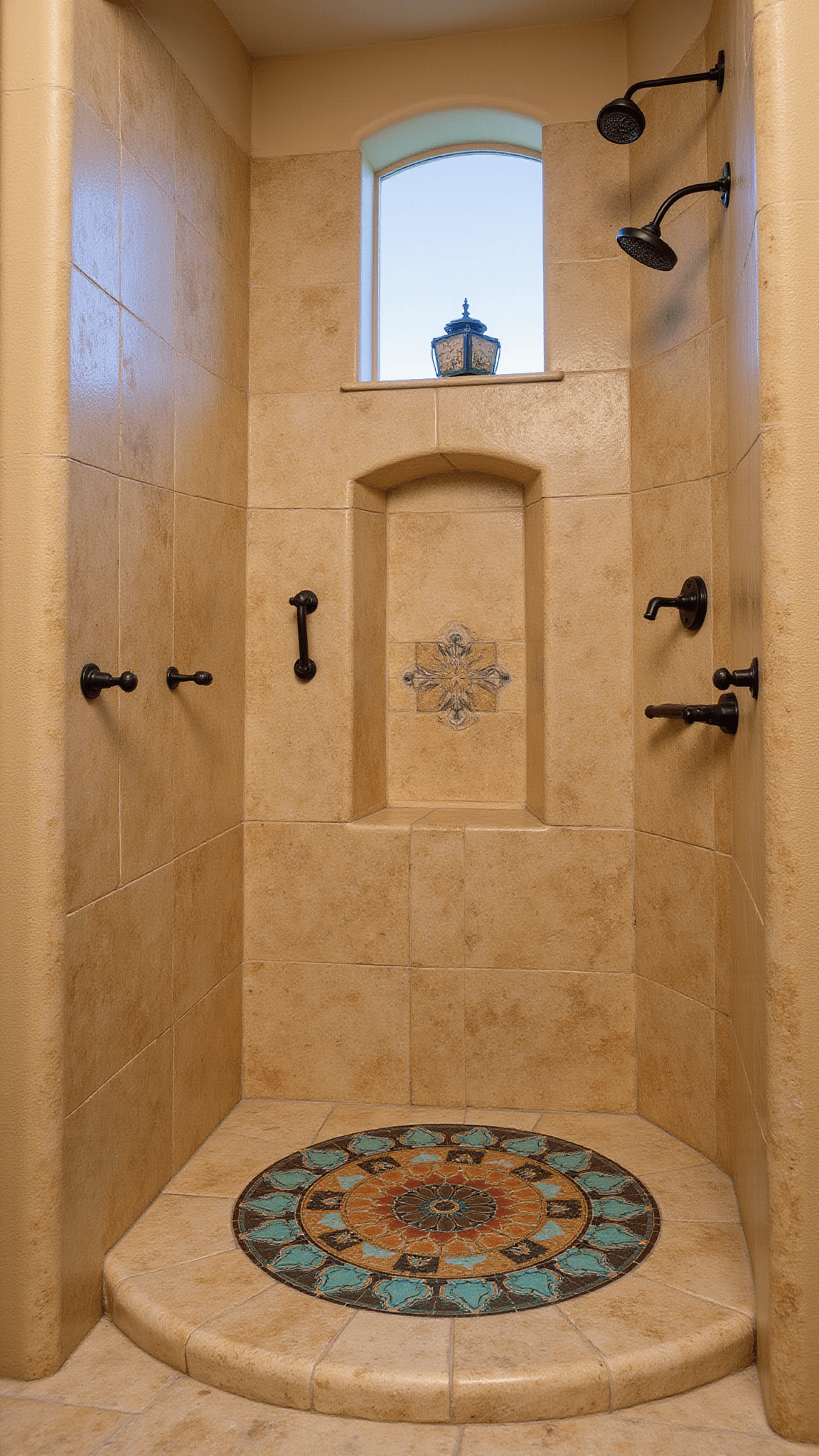 Low-angle view of a luxurious Mediterranean-style bathroom with arched window, curved travertine shower entry, and mosaic medallion in warm terra cotta, azure, and copper tones.