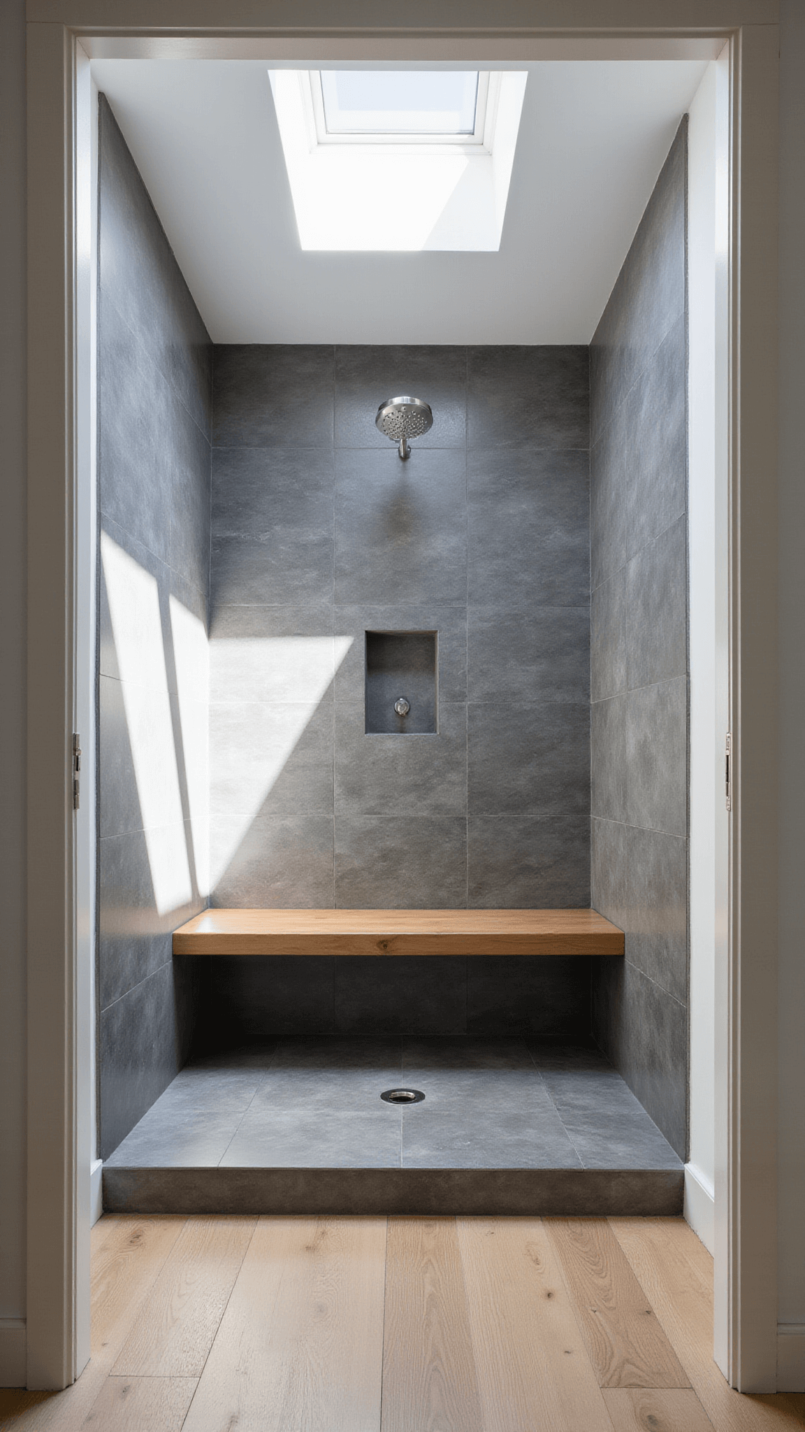Contemporary Zen-style bathroom with skylight lighting, featuring slate gray shower tiles, light oak-look flooring, floating teak bench, vertical marble-look wall tiles, and brushed nickel rain shower.