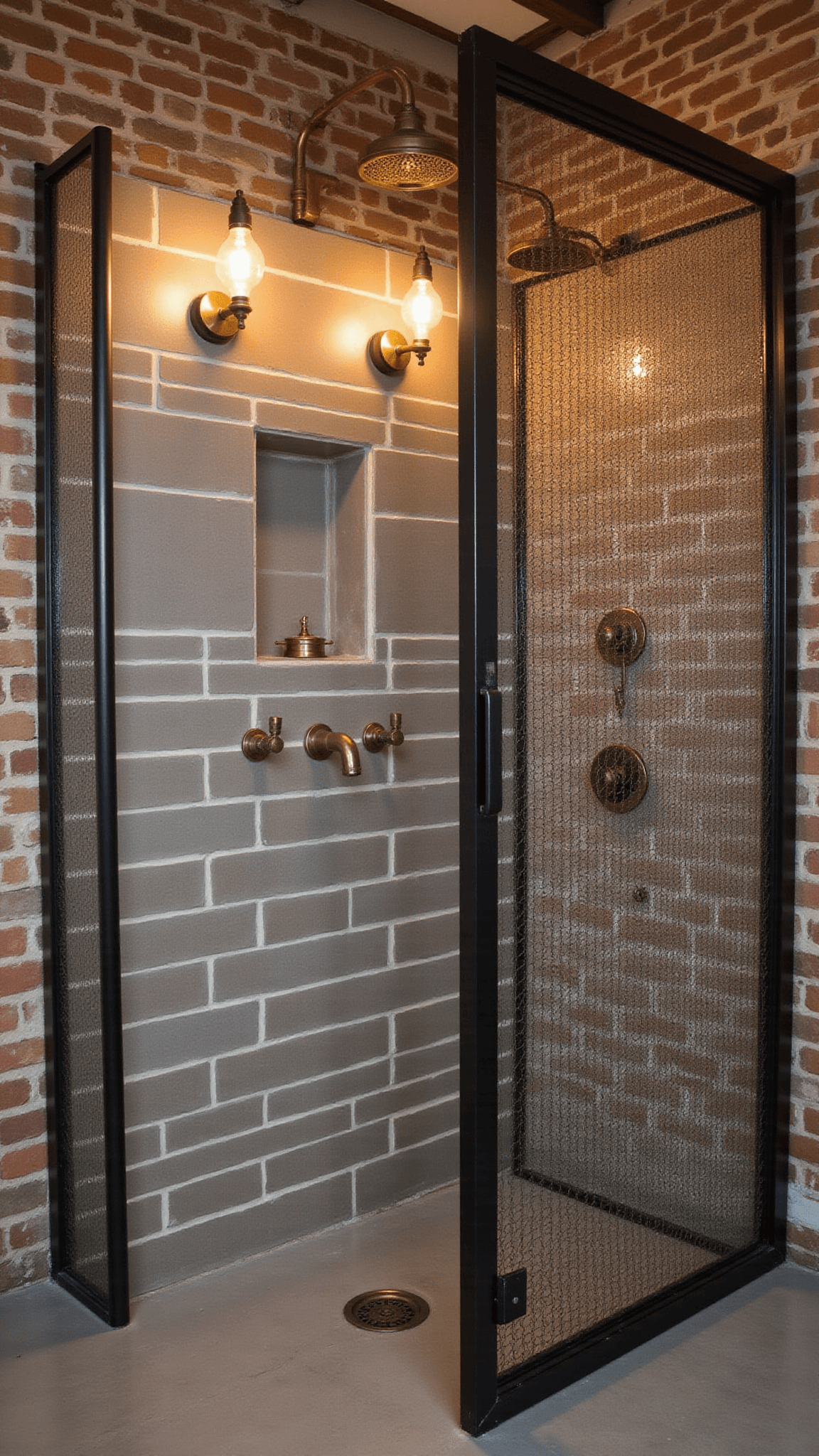 Industrial chic wetroom in 9x11ft loft with exposed brick, concrete floors, matte black partition, vintage brass fixtures, and warm Edison lighting.
