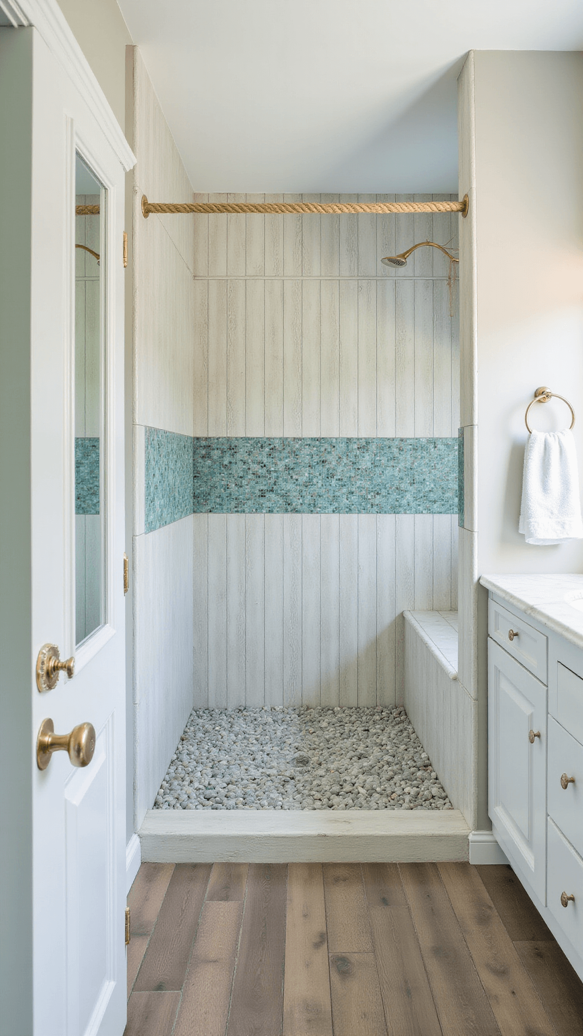 Coastal-themed bathroom with sea glass mosaic shower wall, weathered white oak-look tiles, gray pebble shower floor, rope-wrapped mirror, and brushed gold rainfall shower.