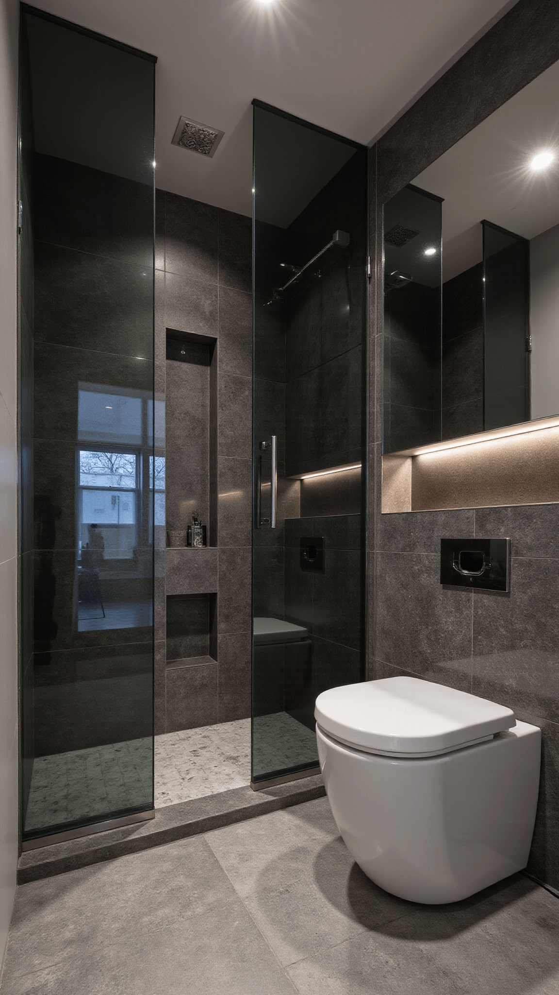 Compact 8x10ft luxury bathroom with floor-to-ceiling smoked mirrors, charcoal porcelain tiles, floating glass shelf, and dramatic LED lighting.