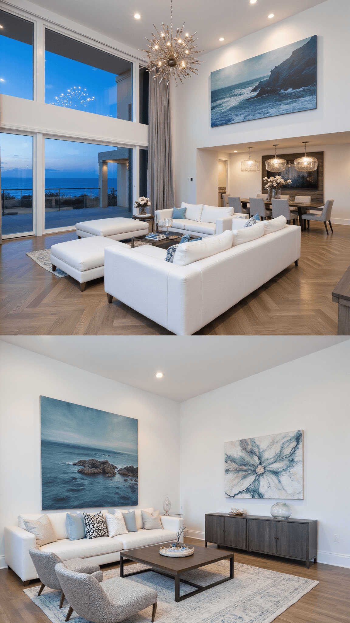 Modern coastal great room with white sectional, abstract seascape, herringbone oak floors, and double-height windows at twilight, viewed from mezzanine.