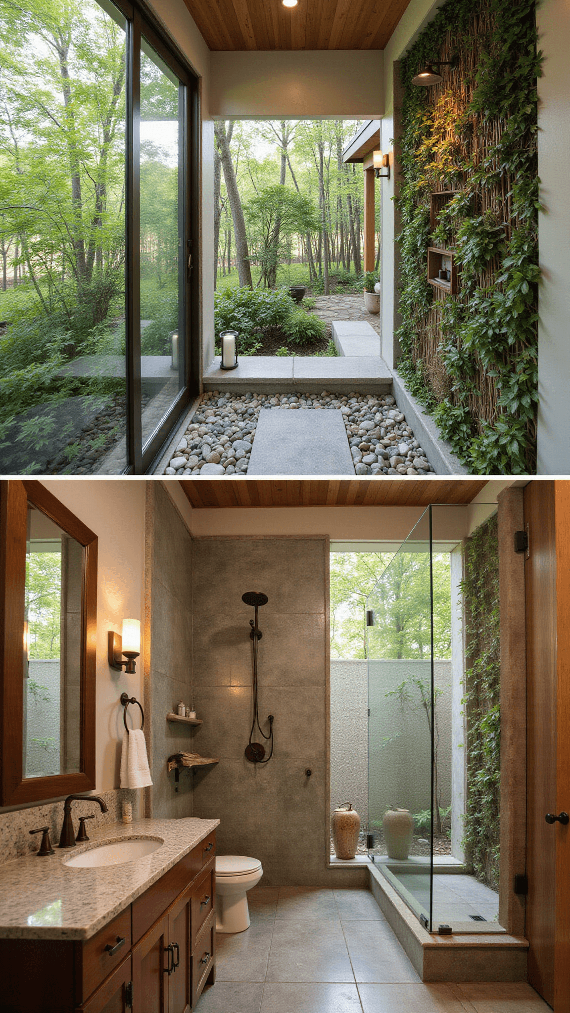 Master bathroom with floor-to-ceiling windows, river rock shower floor, bamboo-look tiles, living plant wall, teak and stone vanity, and copper rainfall shower, bathed in natural dappled light.