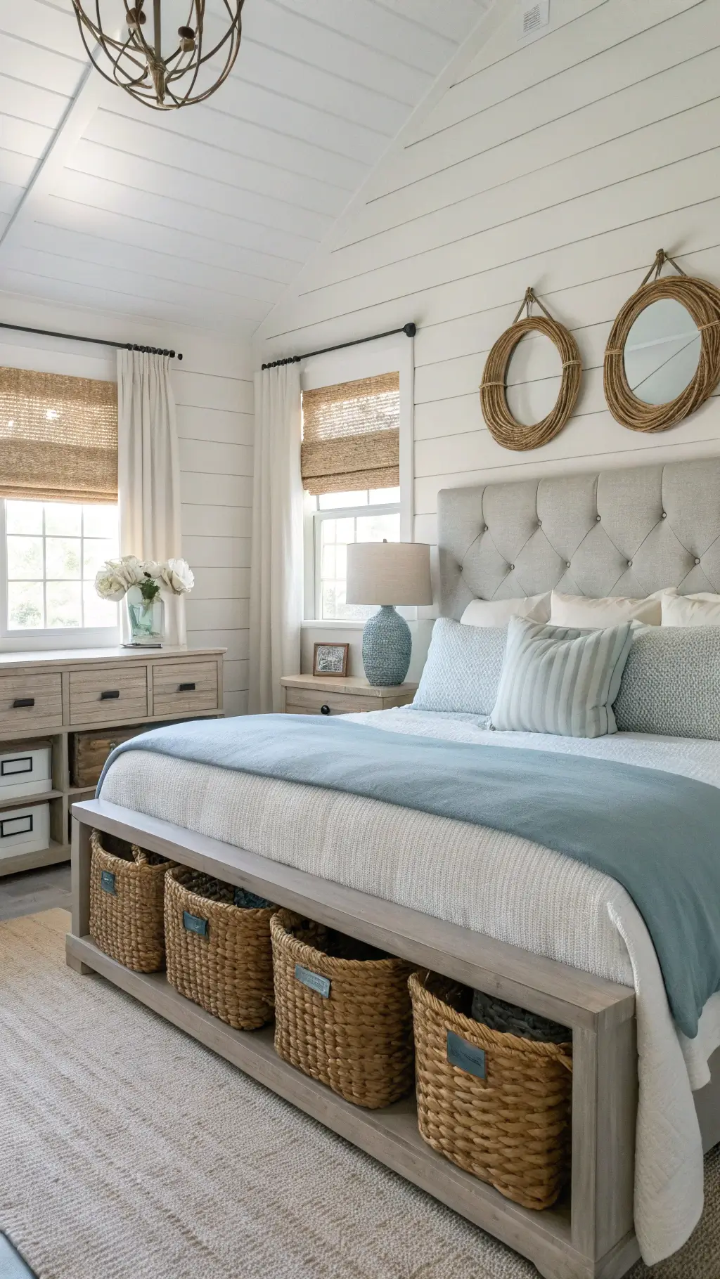 Coastal bedroom with linen headboard, shiplap wall, layered azure bedding, rope mirrors, and woven baskets under a rustic console, lit by soft morning light through bamboo blinds.