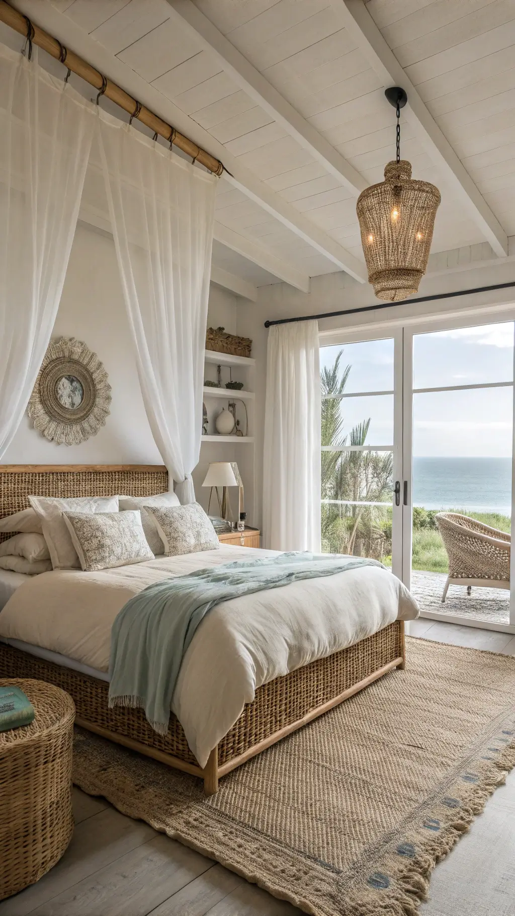 Coastal retreat bedroom with rattan bed, linen bedding, and vintage glass floats, bathed in soft early morning light.