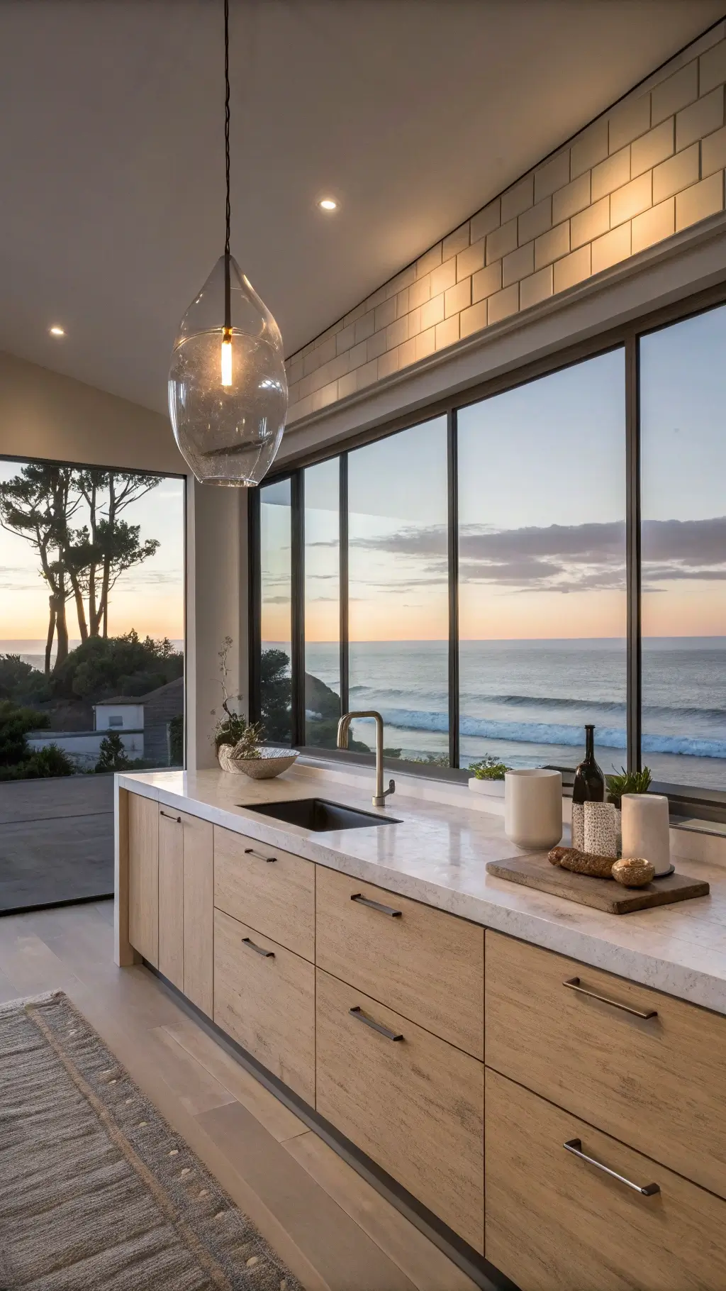 Minimalist coastal kitchen with bleached oak cabinets, concrete counters, and ocean sunset reflected in floor-to-ceiling windows.