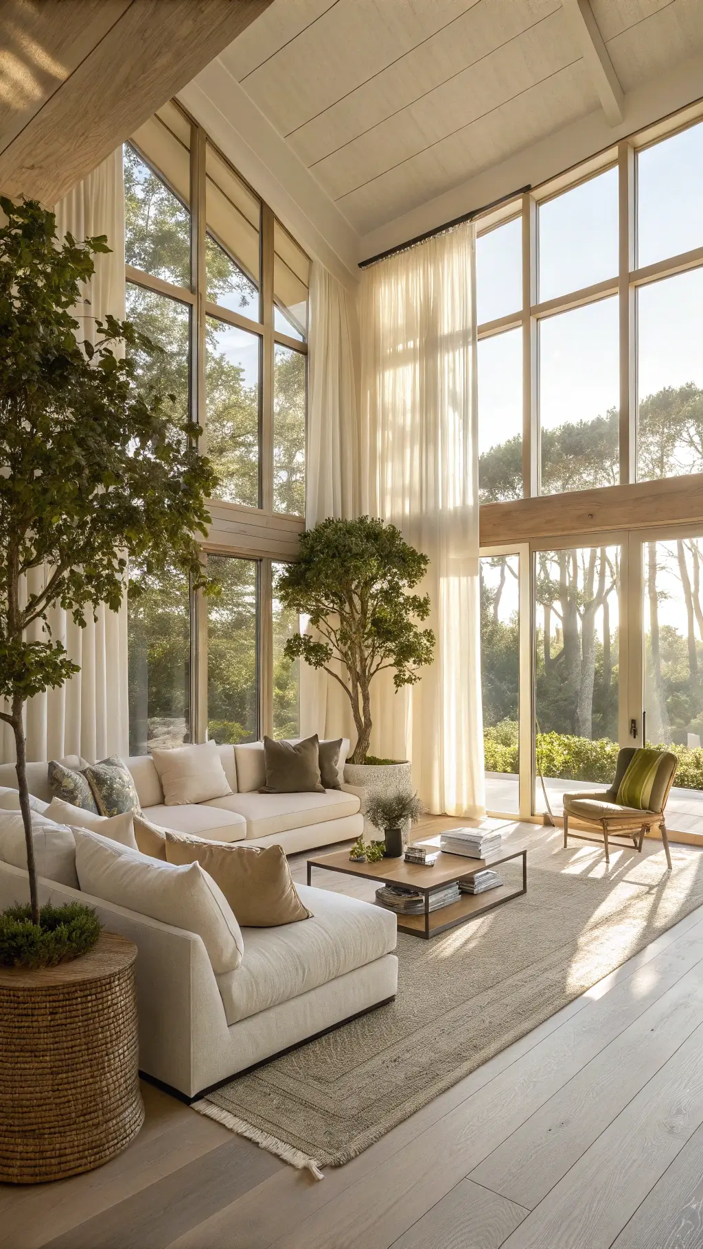 Sunlit living room with ivory sectional, rattan chairs, travertine coffee table, and lush indoor plants, bathed in golden hour light through tall windows.