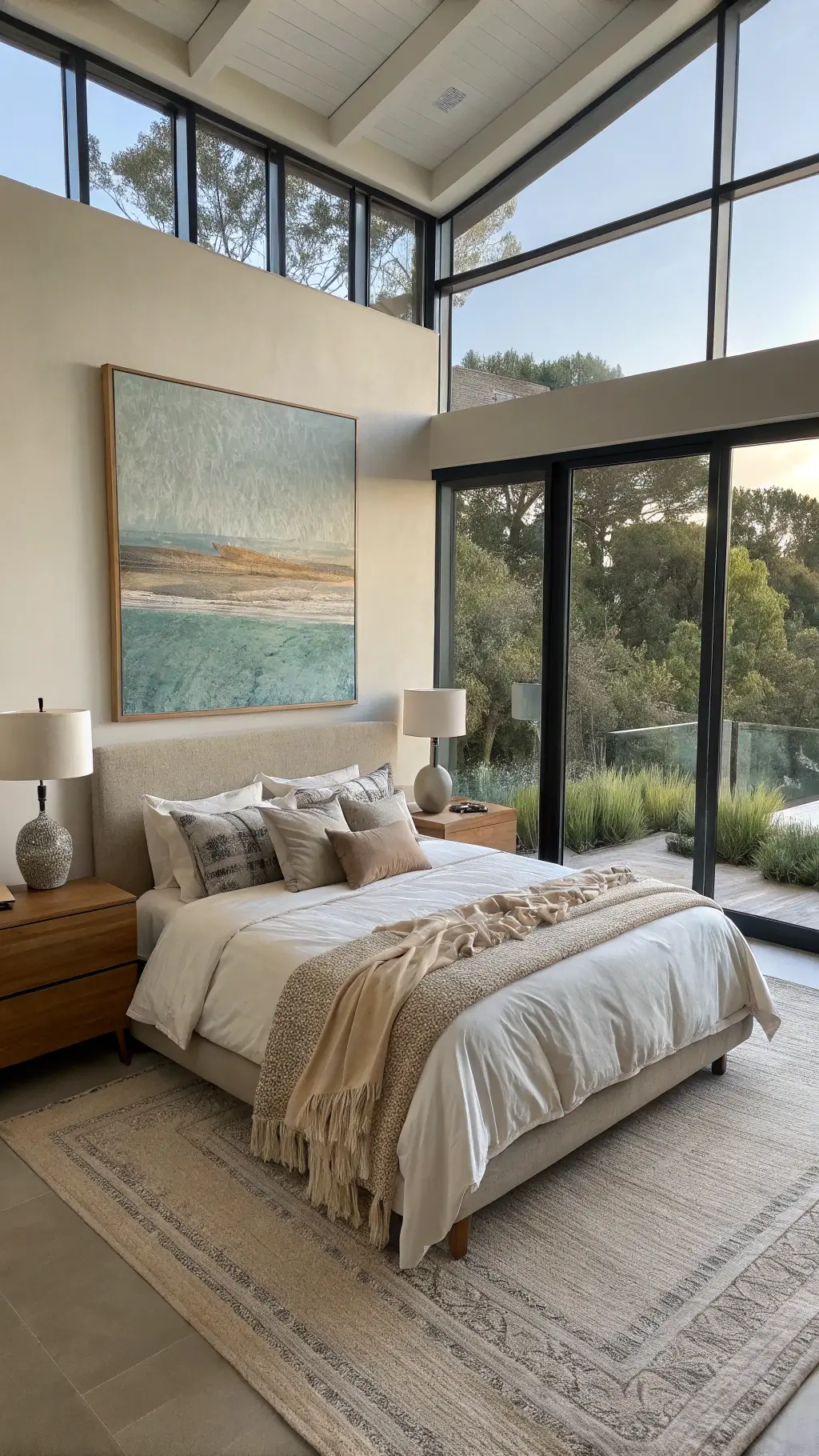 Primary bedroom with California king bed and rumpled linen, steel-framed windows at sunrise, abstract coastal artwork, and natural morning light.