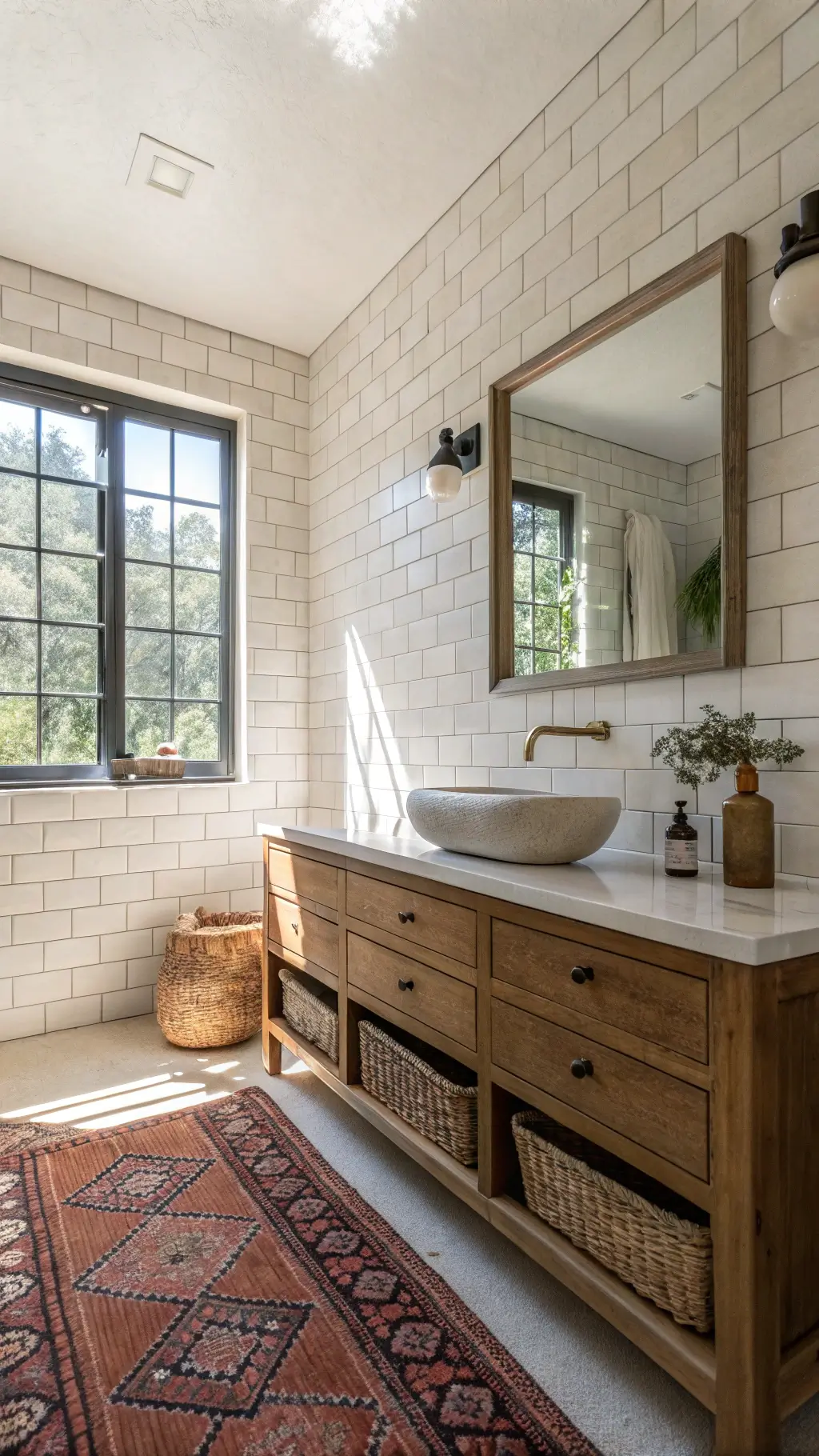 Spa-inspired bathroom with white Zellige tile walls, floating wooden vanity, brass fixtures, and natural morning light reflecting in large mirror.