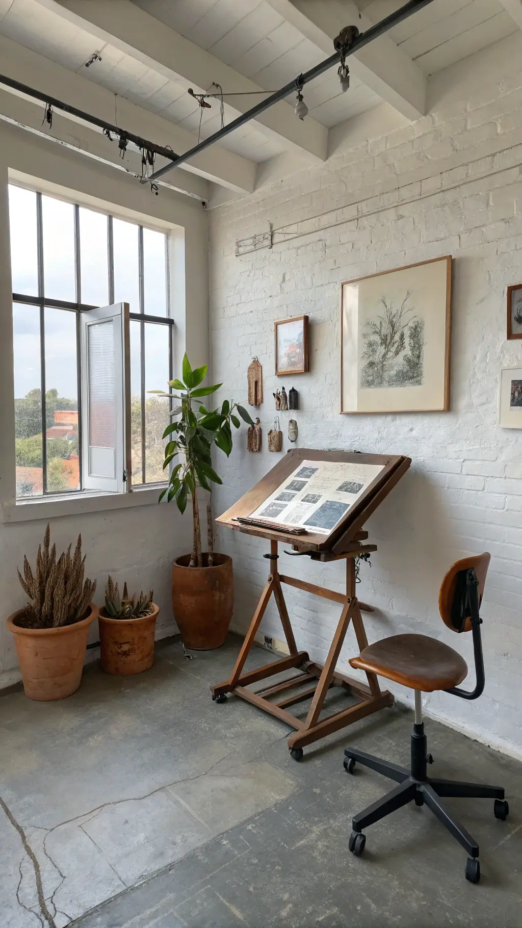 Artist's studio corner with industrial easel, vintage drafting table, and dried botanicals in soft northern afternoon light.
