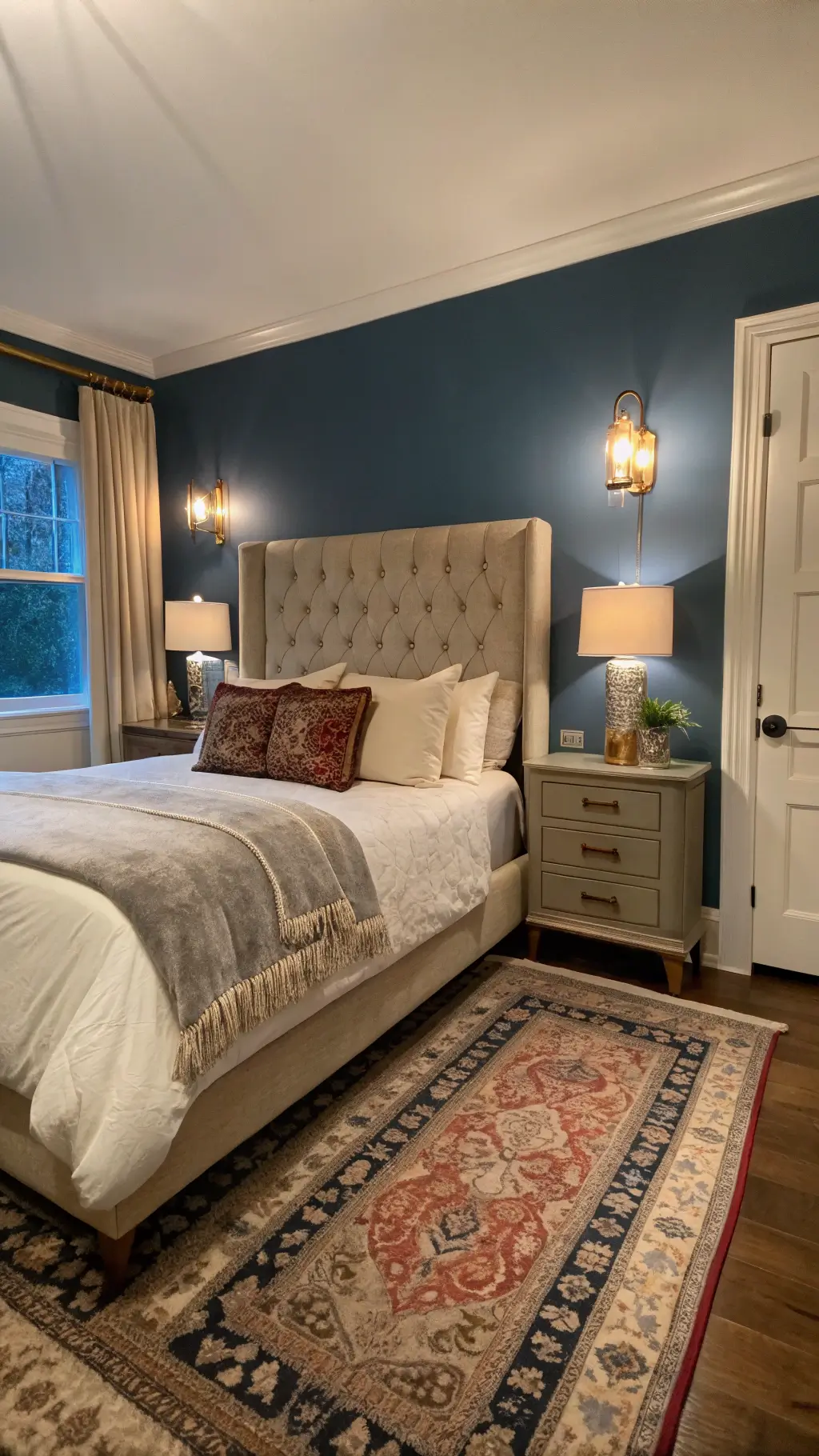 Cozy 11x13ft bedroom at twilight with ambient lighting, slate blue accent wall, cream linen wingback headboard, layered neutral bedding, vintage Persian rug, and textured decor.