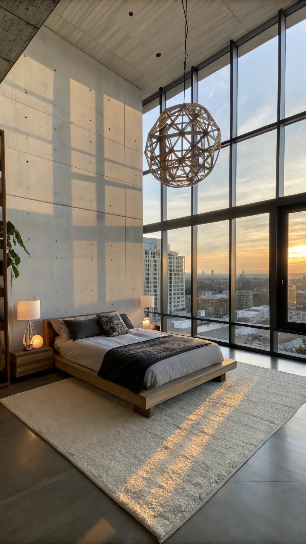 Modern 12x14ft bedroom at sunset with floor-to-ceiling windows, minimalist oak platform bed, charcoal and ivory bedding, geometric pendant light, concrete floors with cream rug, and city skyline view.