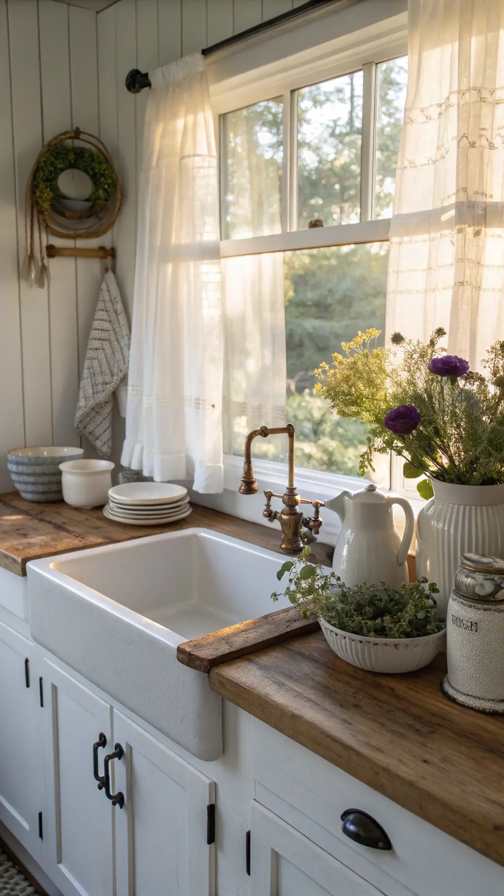 Farmhouse kitchen countertop vignette with wildflowers in enamelware pitcher, pottery bowls, and bread board on soapstone surface, framed by white beadboard cabinets and trailing ivy in golden hour light.