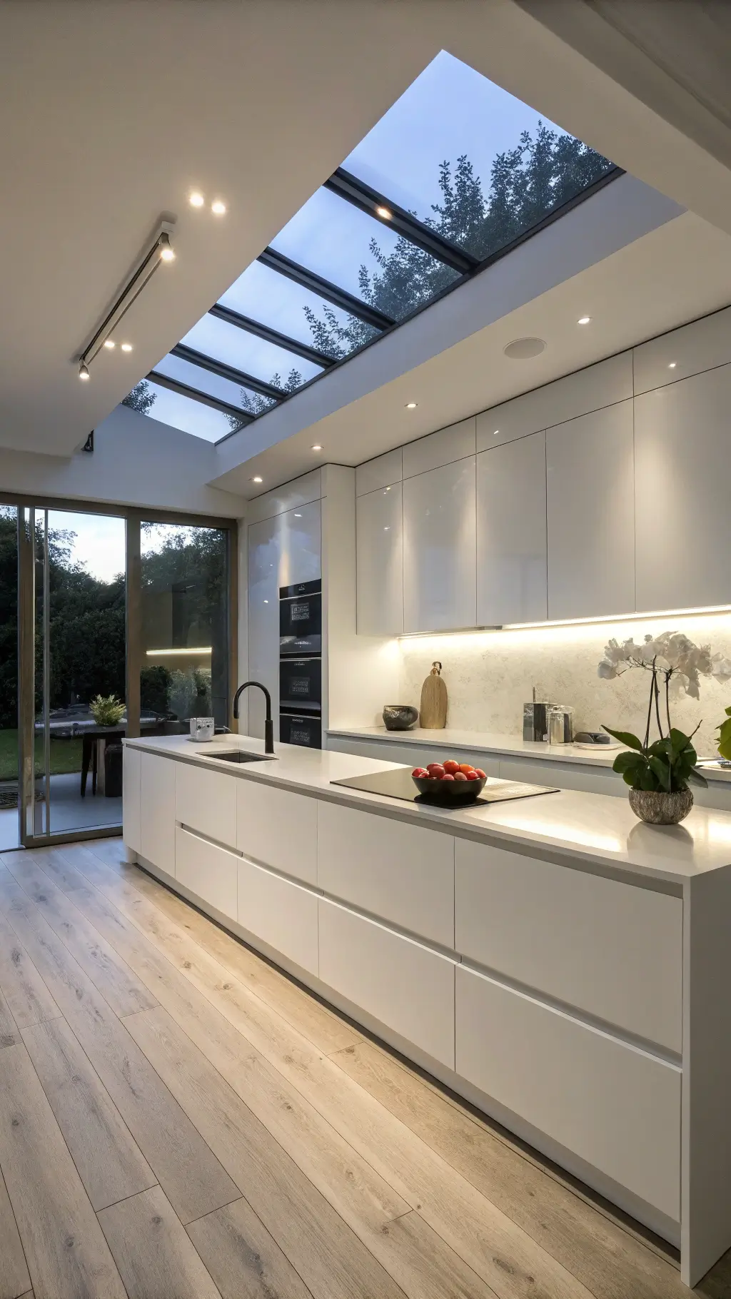 Minimalist white galley kitchen at dusk with handleless cabinets, white quartz island, oak flooring, and dramatic blue hour lighting.