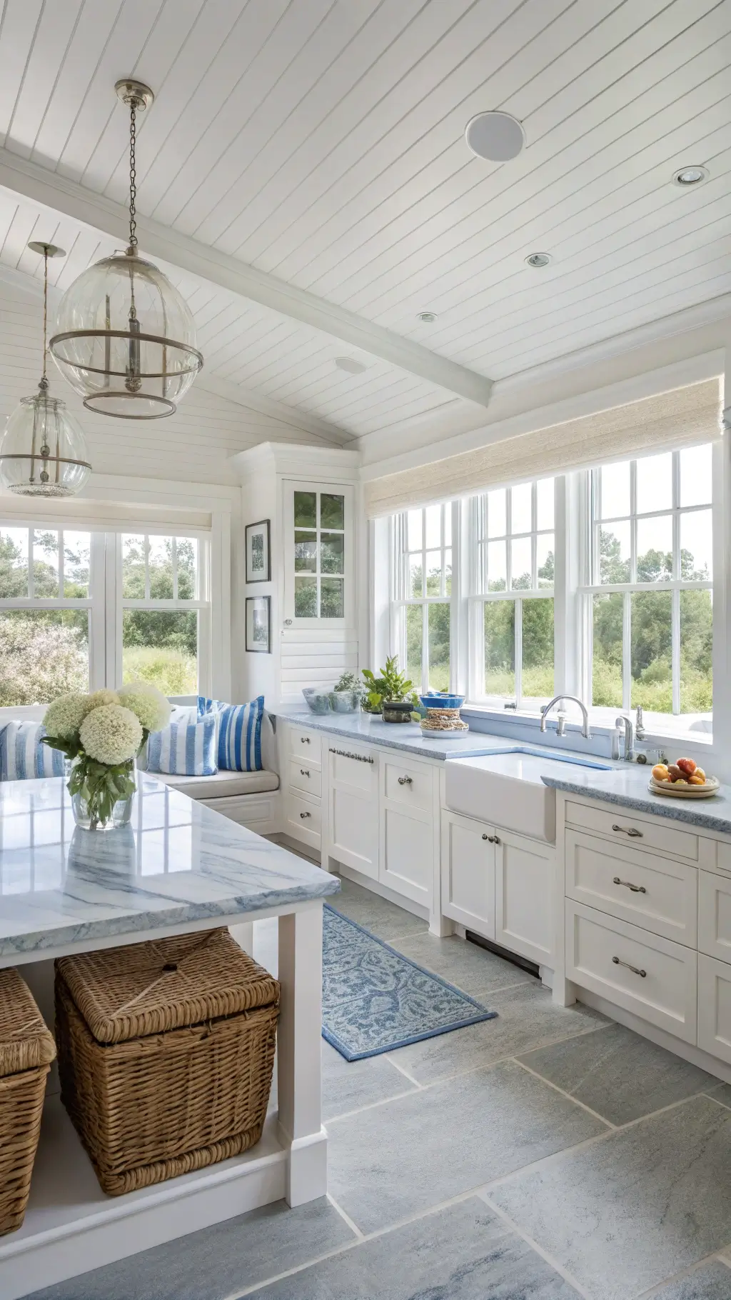 Bright coastal white kitchen with shiplap ceiling, bay windows, white cabinets, marble counters, and blue chinoiserie accents.