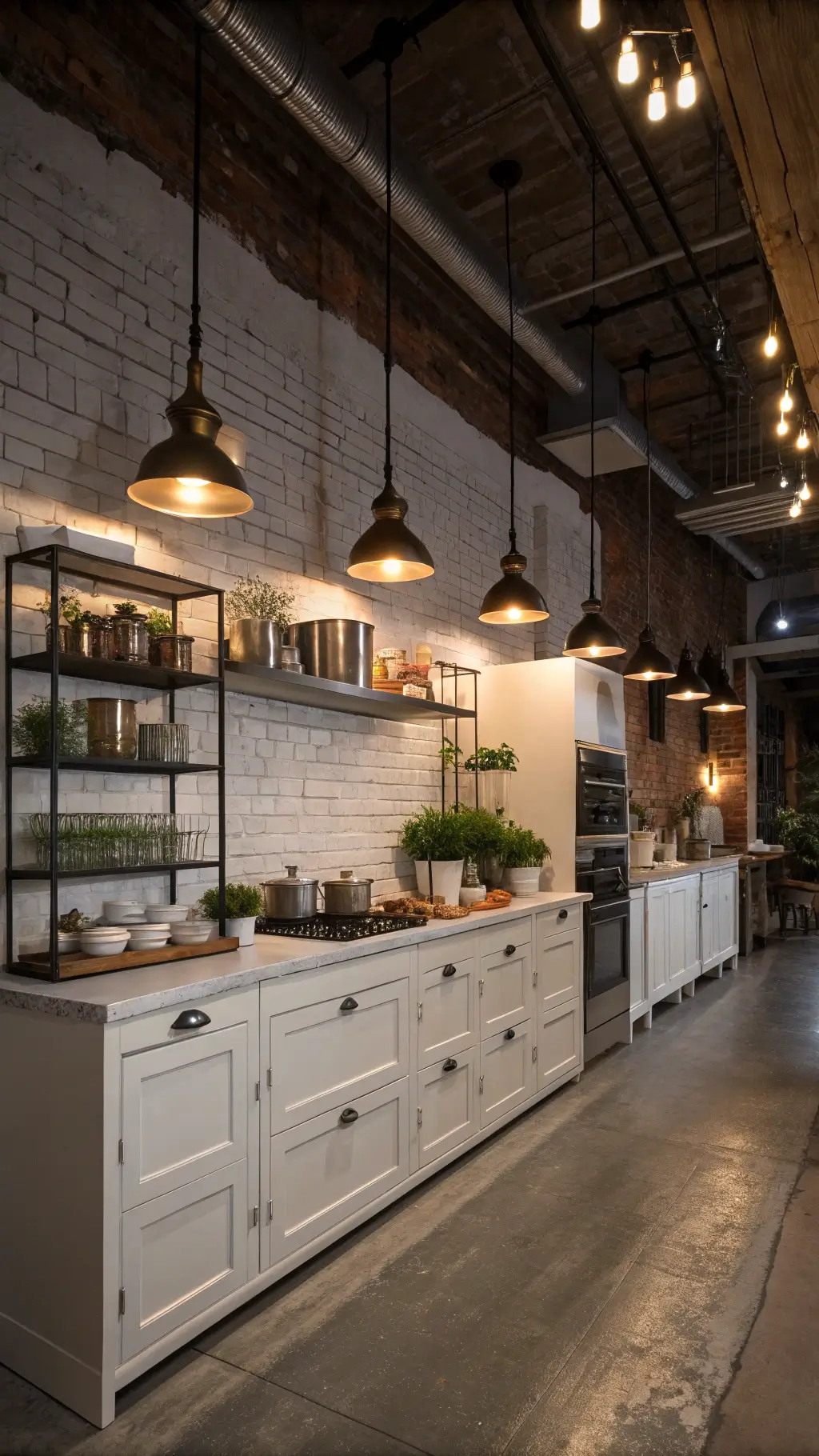 Industrial loft kitchen with white metal cabinets, exposed brick wall, stainless steel counters, and moody evening lighting highlighting copper cookware and textured finishes.
