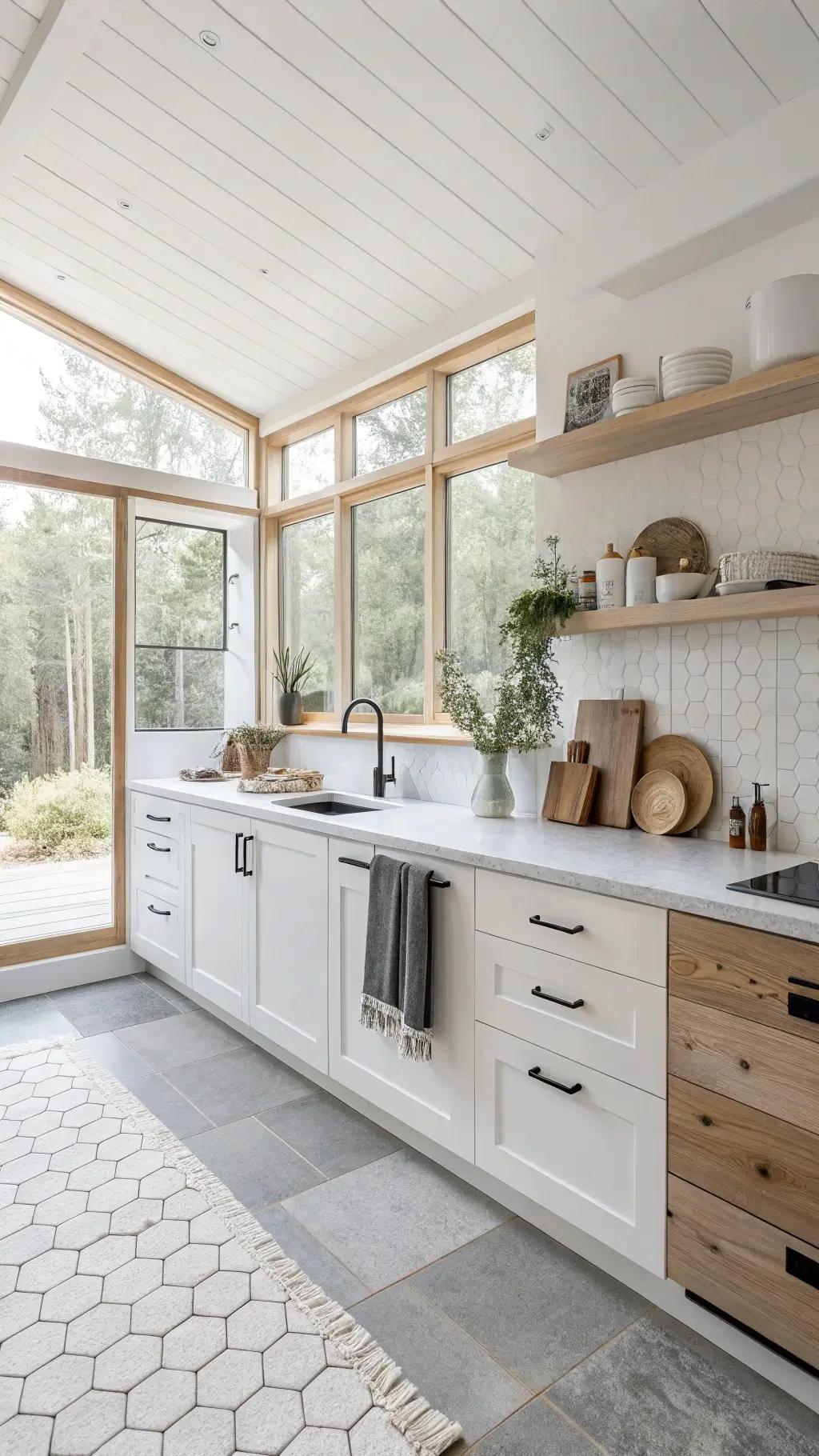 Bright Scandinavian white kitchen with minimalist design, white oak accents, concrete counters, hex tile floor, and eucalyptus branch in natural midday light.