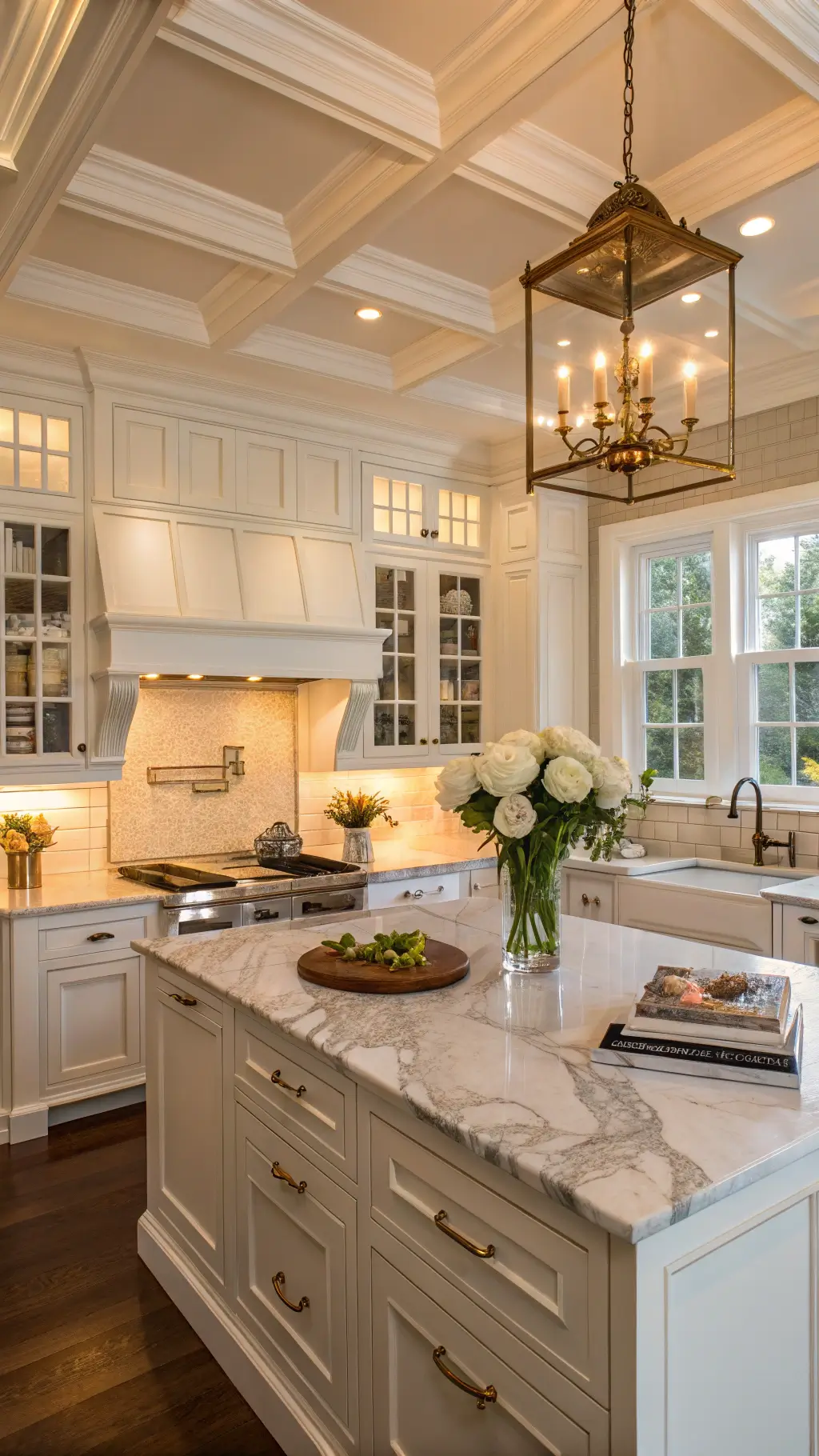 Traditional white kitchen at golden hour with coffered ceiling, white cabinets, Calacatta gold marble surfaces, oak butcher block island, and antique brass lanterns.