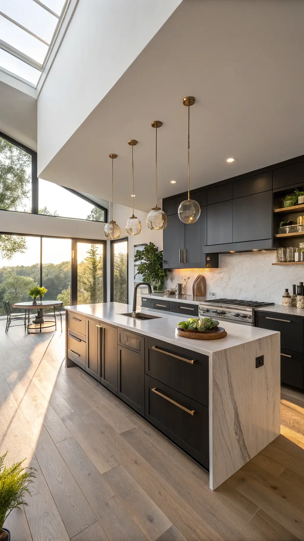 Modern kitchen with matte black cabinets, white quartz island, brass lighting, and walnut shelves in golden hour lighting.