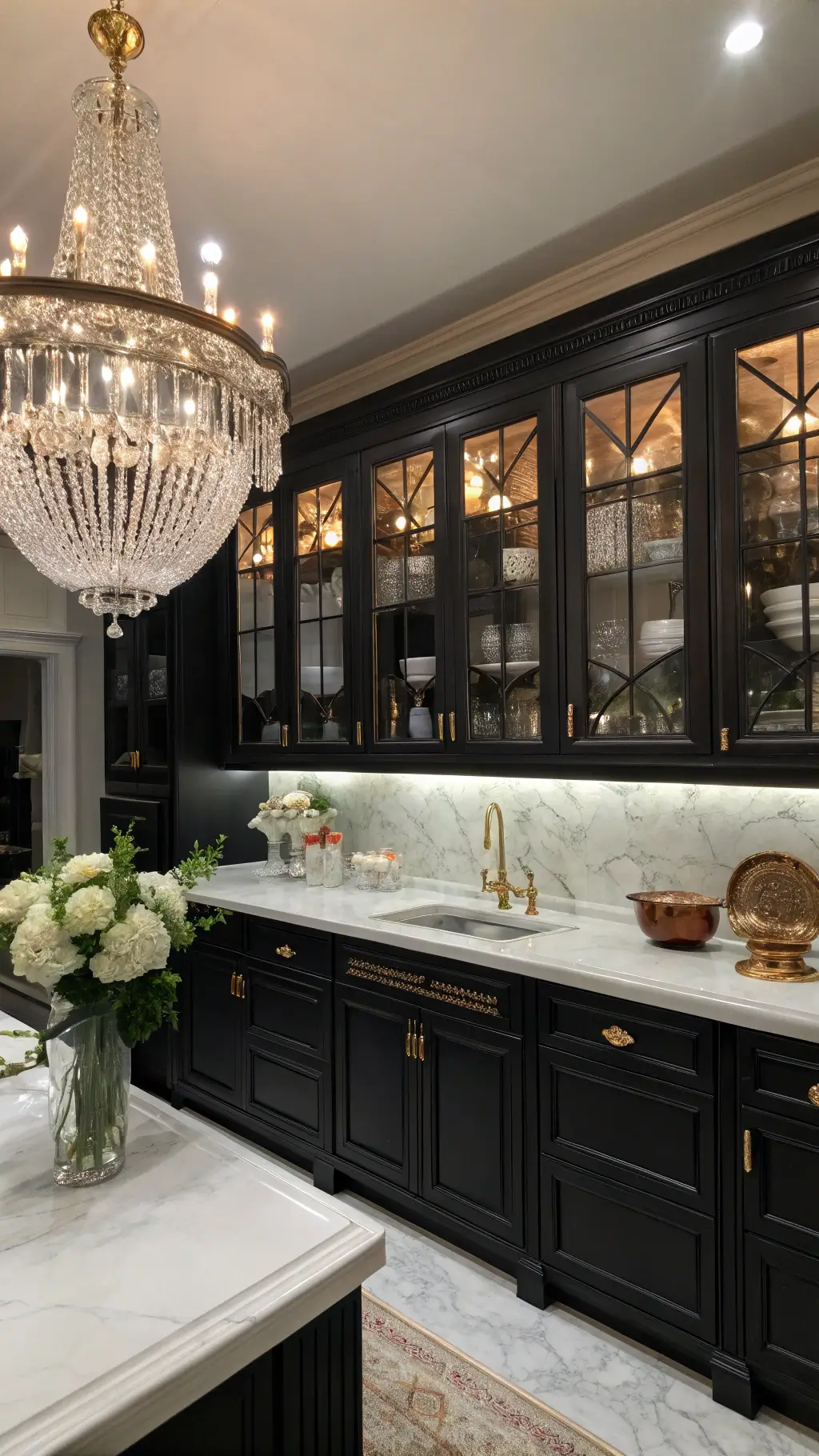 Traditional black kitchen with crystal chandelier, Carrara marble countertops, and vintage decor elements styled in soft evening lighting.