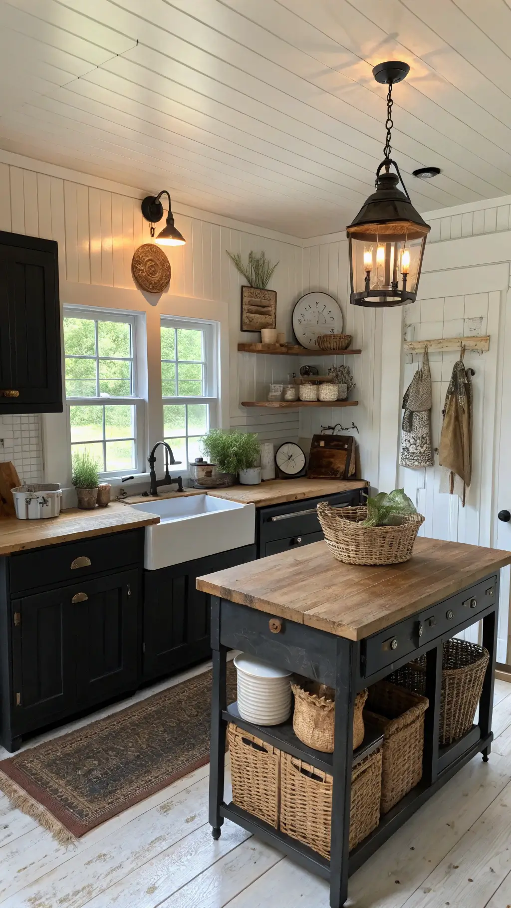 Cozy farmhouse kitchen with black beadboard cabinets, butcher block island, shiplap walls, and vintage decor in warm morning light.