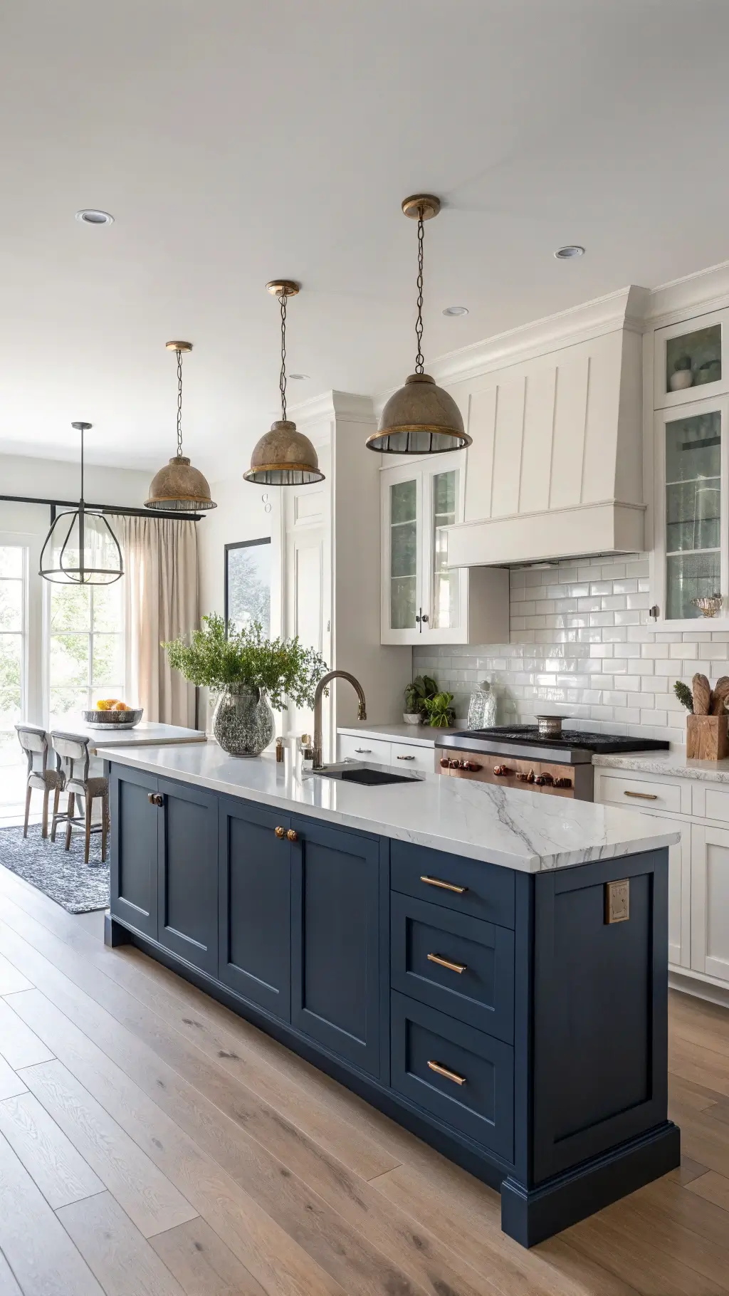 Sunlit modern kitchen with navy lower and white upper cabinets, marble countertops, light oak floors, and brass-accented island under pendant lights.