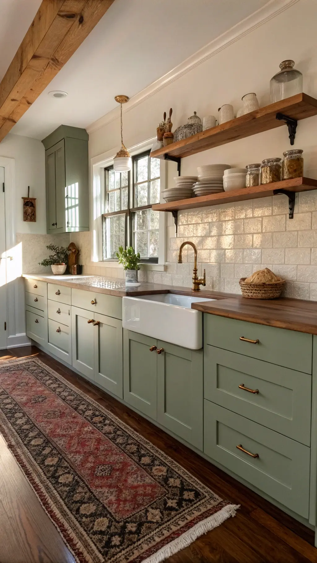 Warm galley kitchen with sage green and wood cabinets, brass fixtures, farmhouse sink, open shelving, and golden hour lighting.