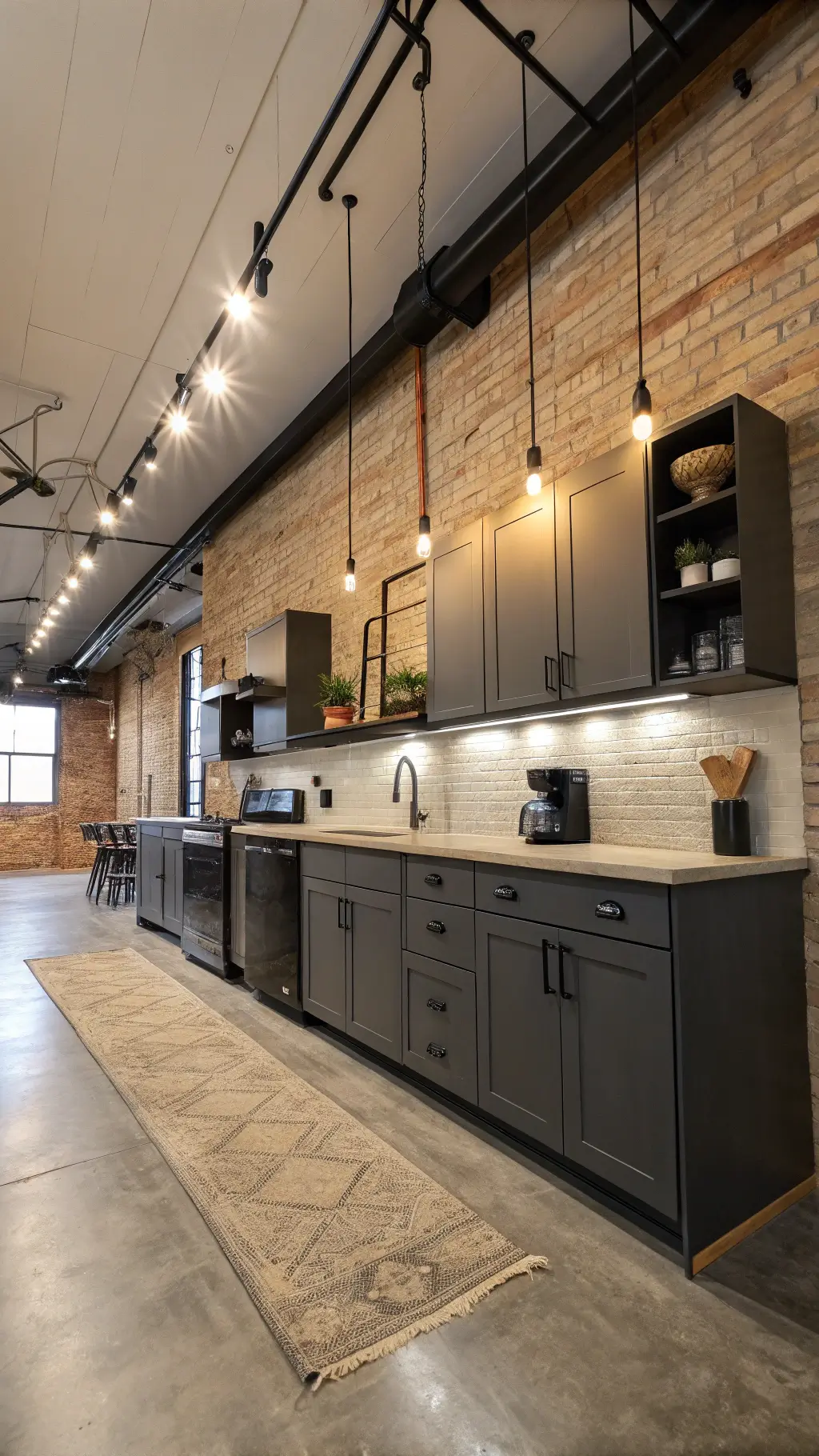 Low-angle view of an industrial chic loft kitchen with charcoal and beige cabinets, exposed brick wall, stainless steel appliances, concrete countertops, black metal shelving, and reclaimed wood accents.