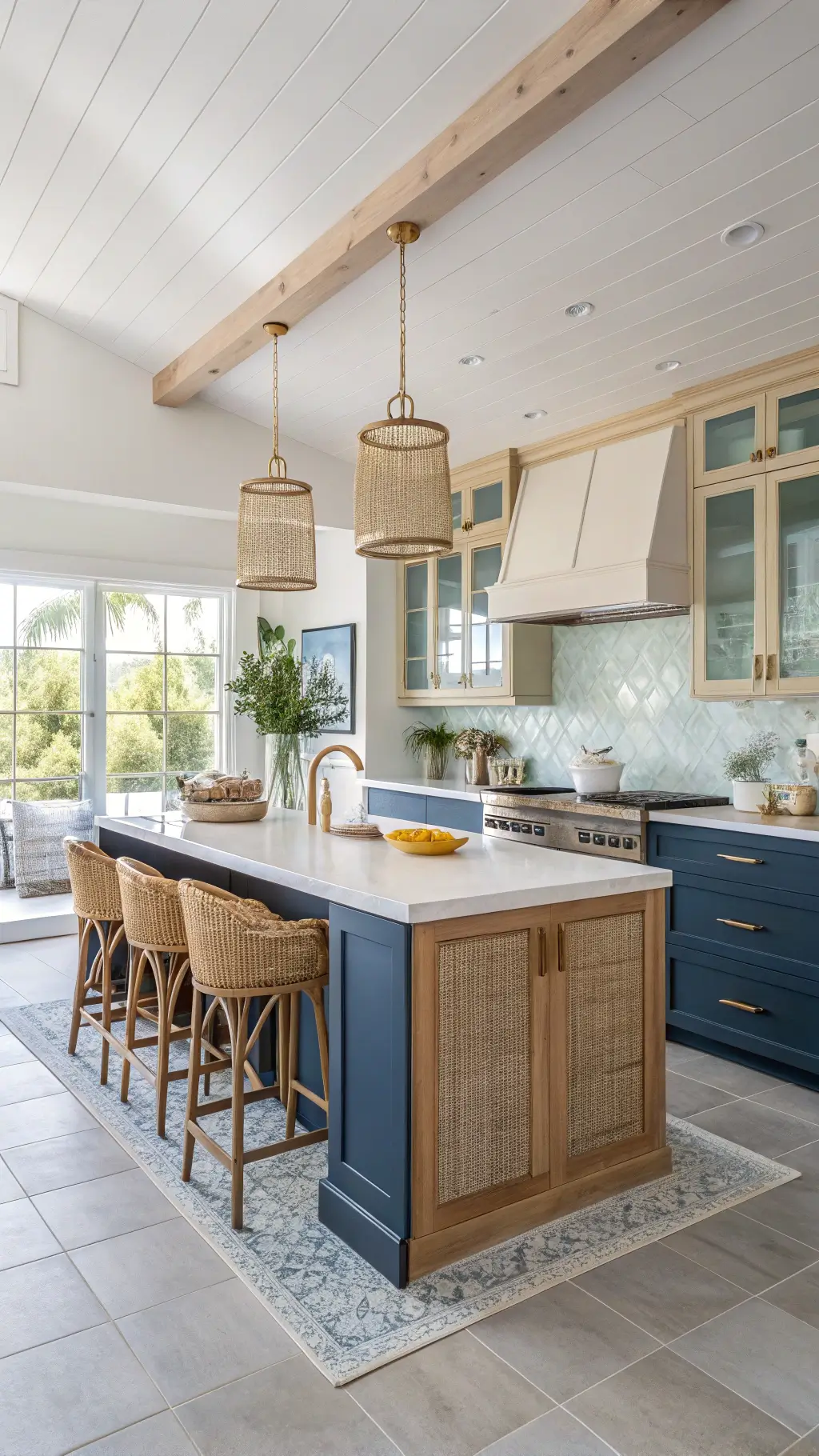 High-angle view of a coastal contemporary kitchen with midnight blue cabinets, brass hardware, light oak uppers, quartz waterfall island, rattan barstools, and floor-to-ceiling windows bathing the space in morning light.