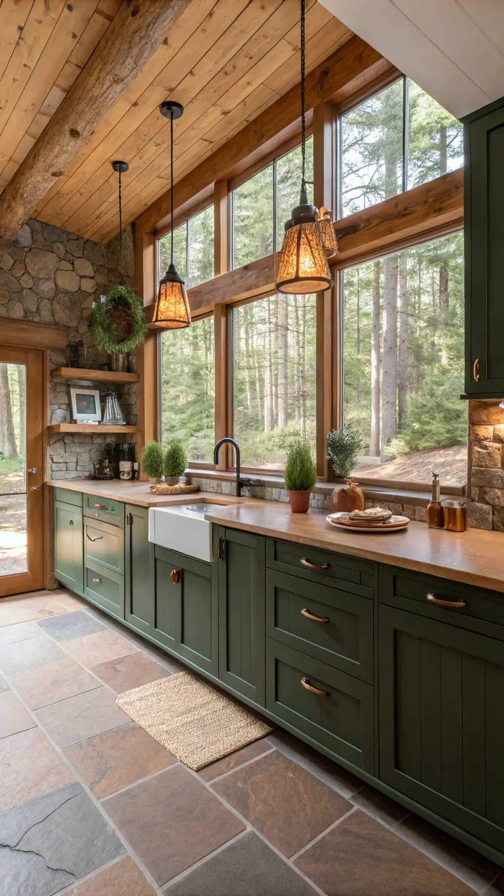 Eye-level view of a 14x20ft kitchen with forest green lower cabinets, warm wood uppers, soapstone counters, copper hardware, terracotta tile floor, herb wall, and garden windows with dappled afternoon light showcasing indoor-outdoor flow.