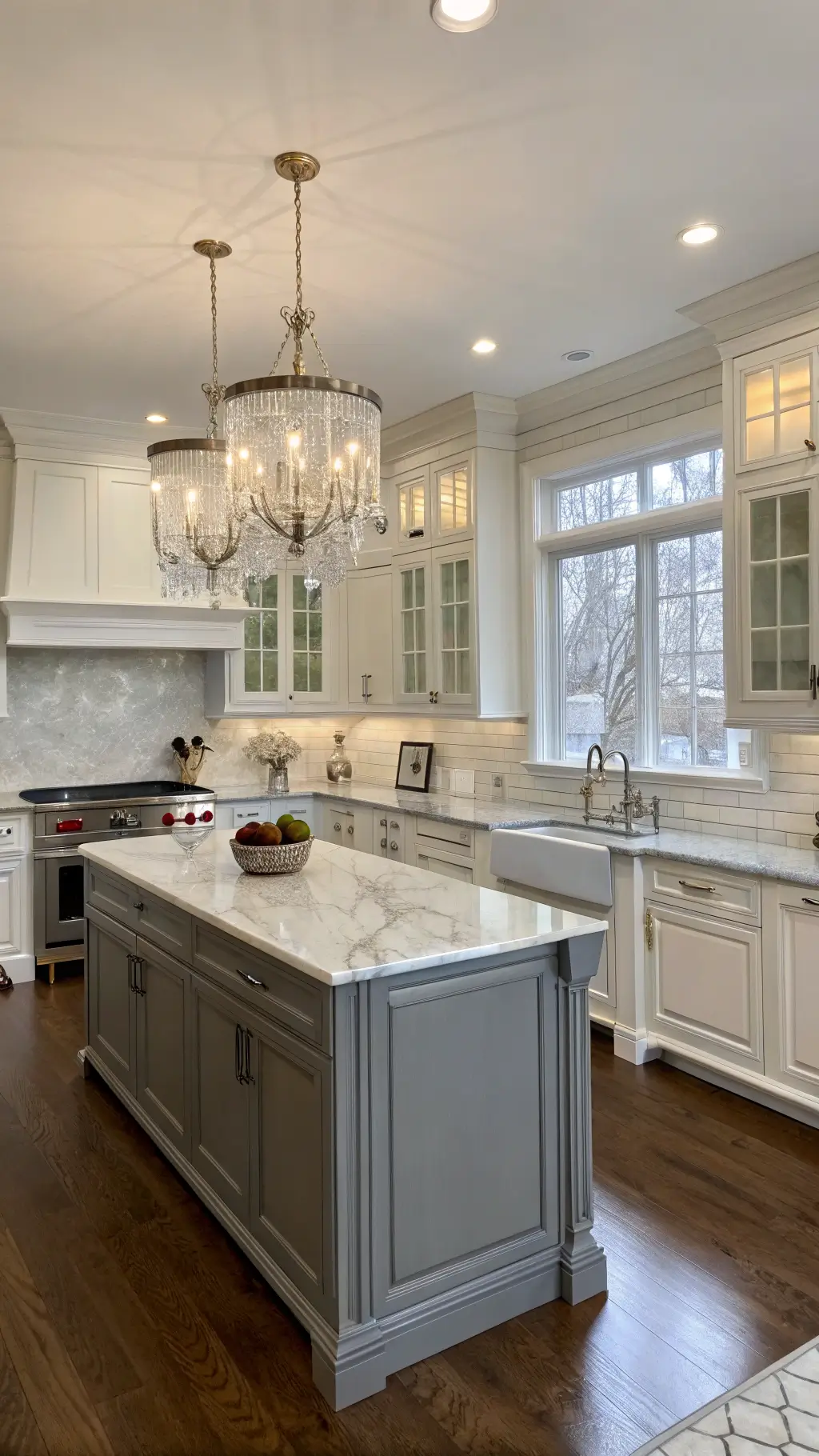 Corner view of a traditional transitional kitchen with gray lower cabinets, white uppers, Calacatta marble counters, crystal chandelier, and white oak herringbone floors.