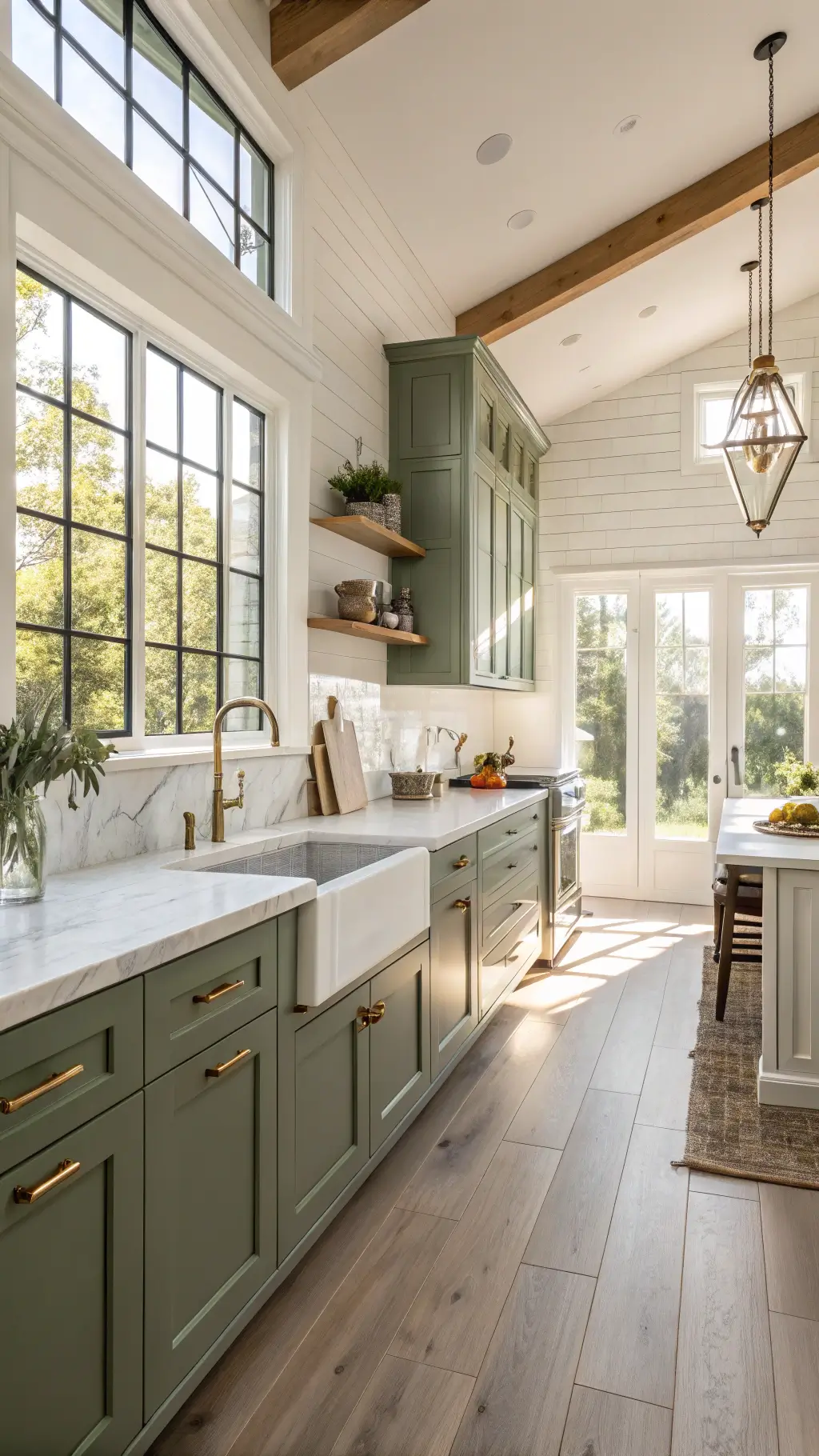Modern farmhouse kitchen with sage green and white Shaker cabinets, brass hardware, marble countertops, and oak flooring bathed in golden hour sunlight.