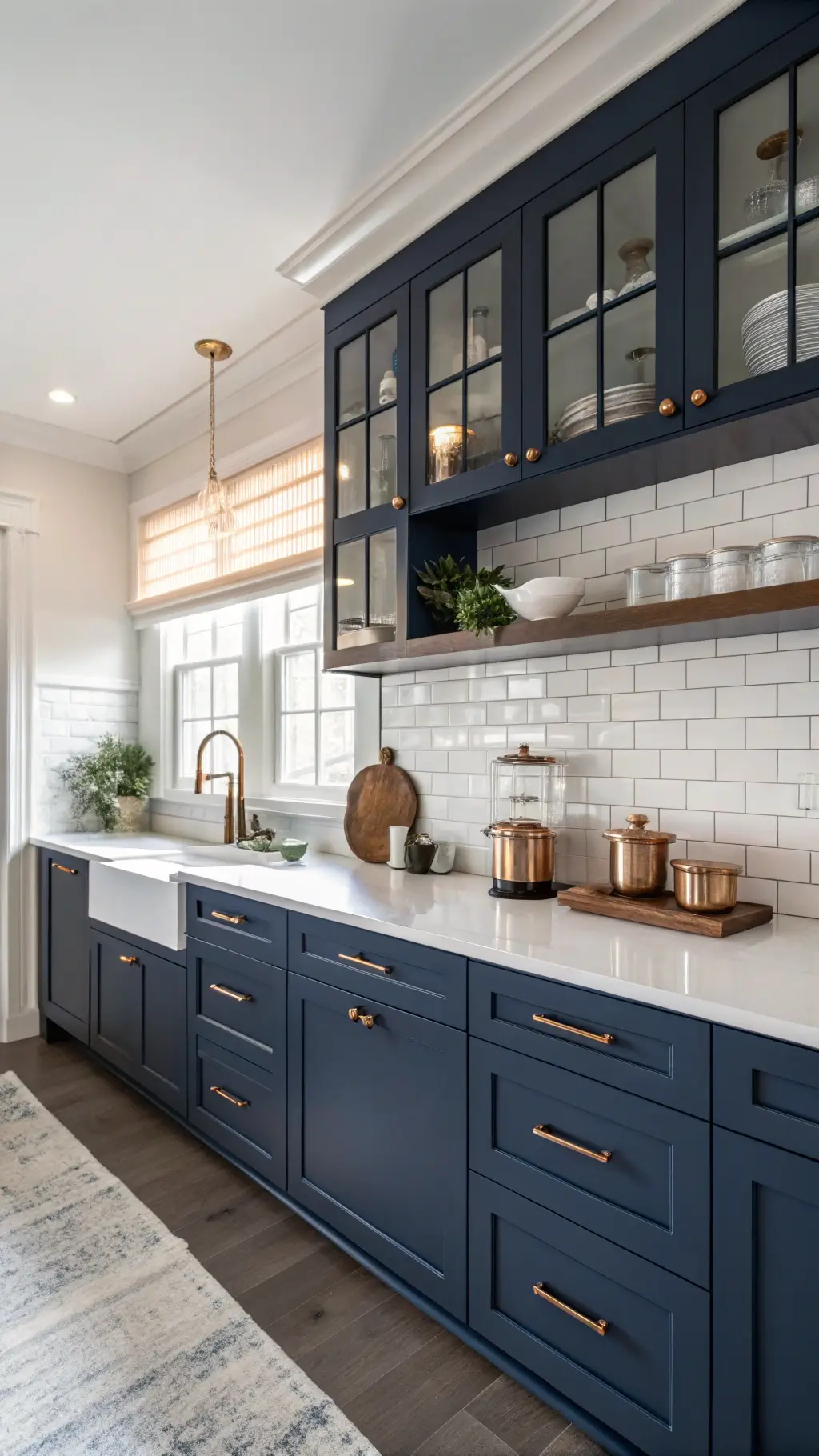 Modern 12x14ft kitchen with navy flat-panel cabinets, white quartz countertops, ceiling-high white subway tile backsplash, and copper cookware in moody morning light.